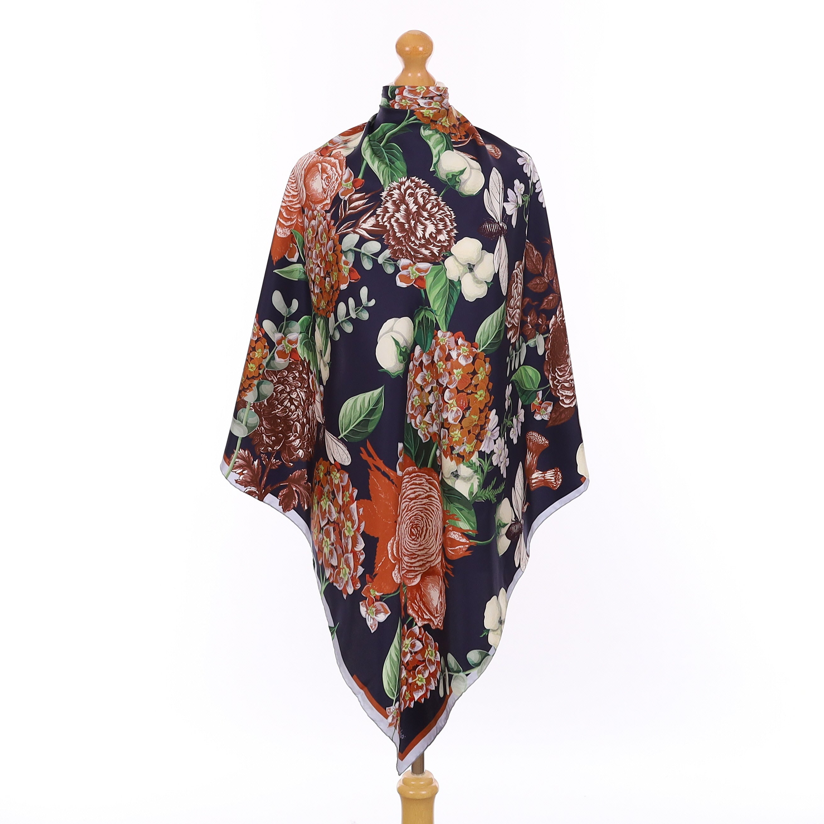 Blue and Rust Floral Silk Scarf