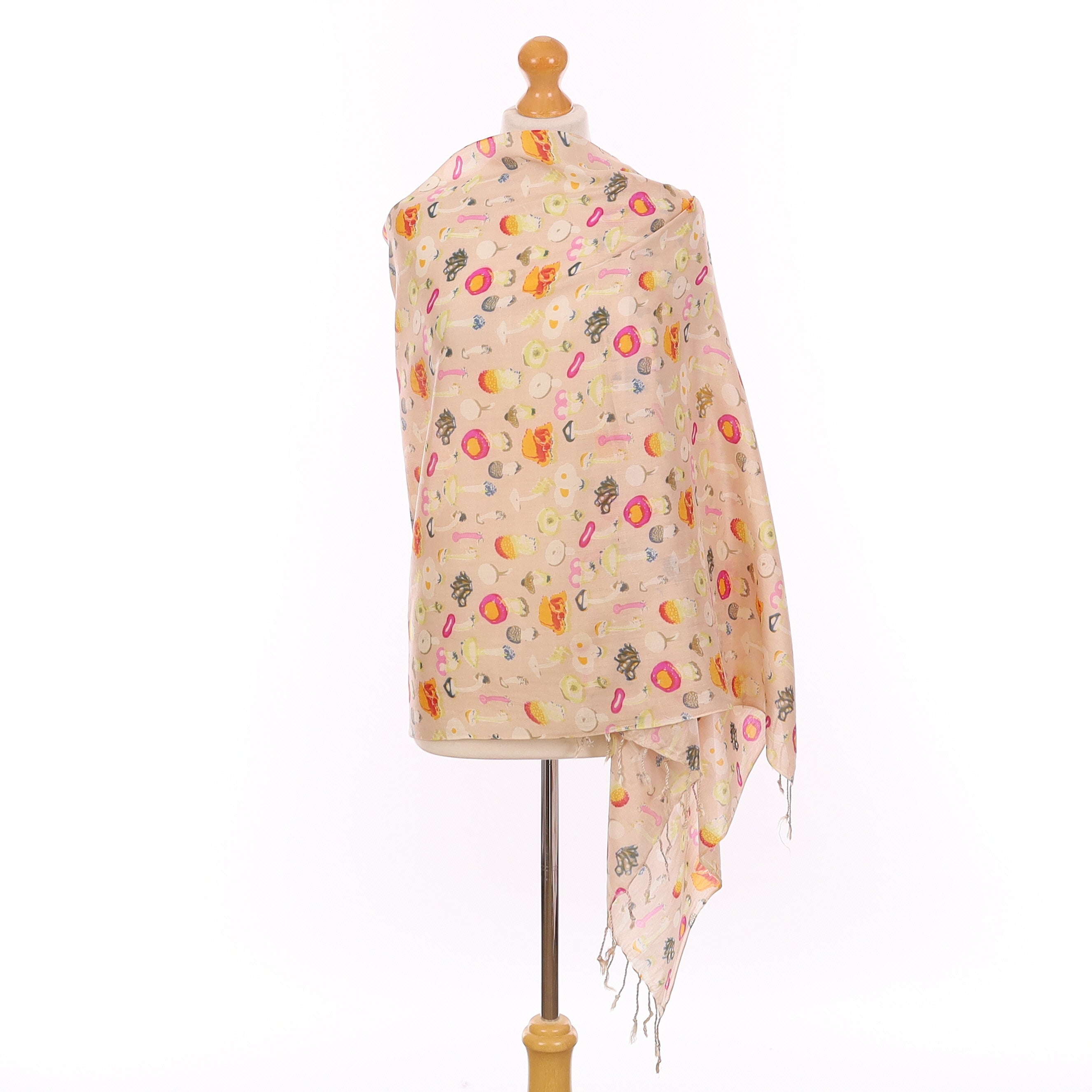 Nude Pink Fungi Design Vintage Silk Wrap