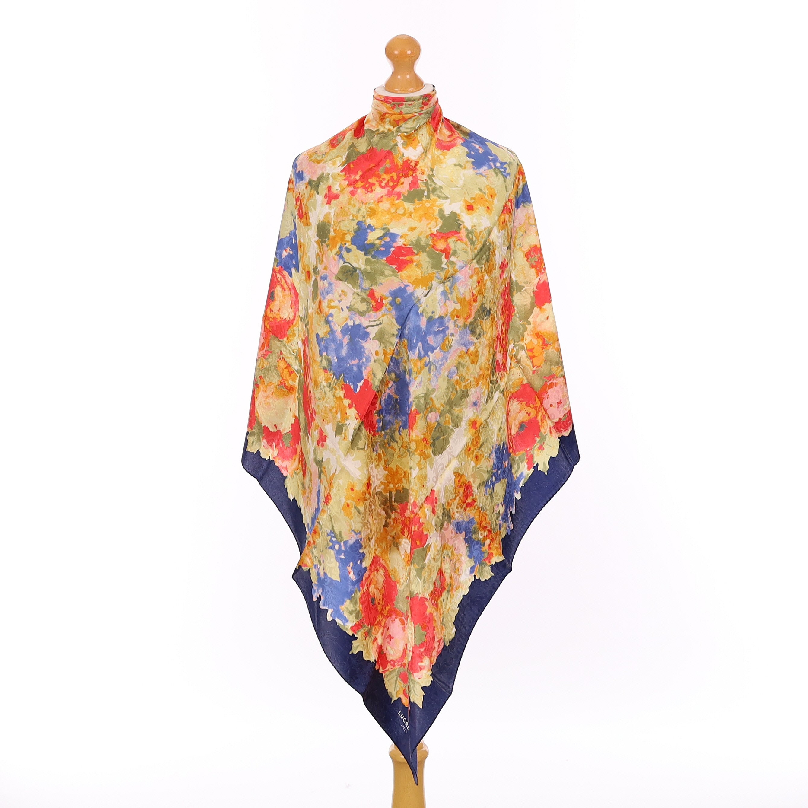 Pristine Lucrezia Blue and Pink Floral Vintage Silk Scarf