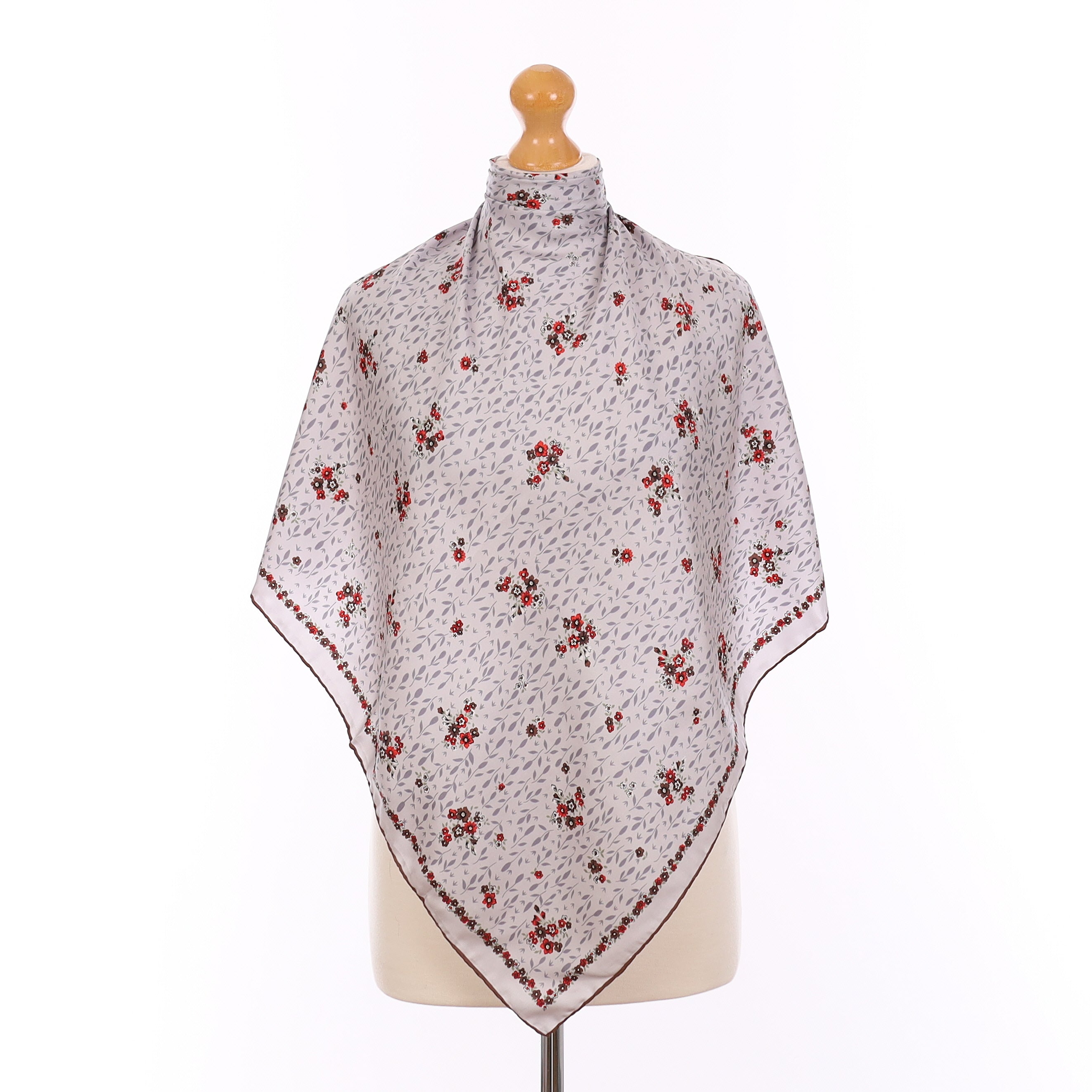 Pristine Grey and Red Floral Vintage Silk Scarf