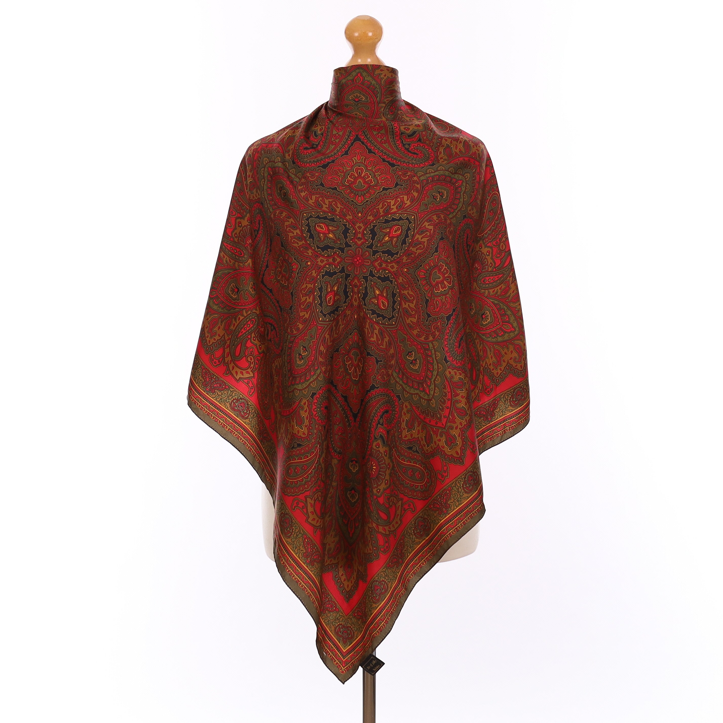 Pristine Khaki and Red Paisley Silk Scarf