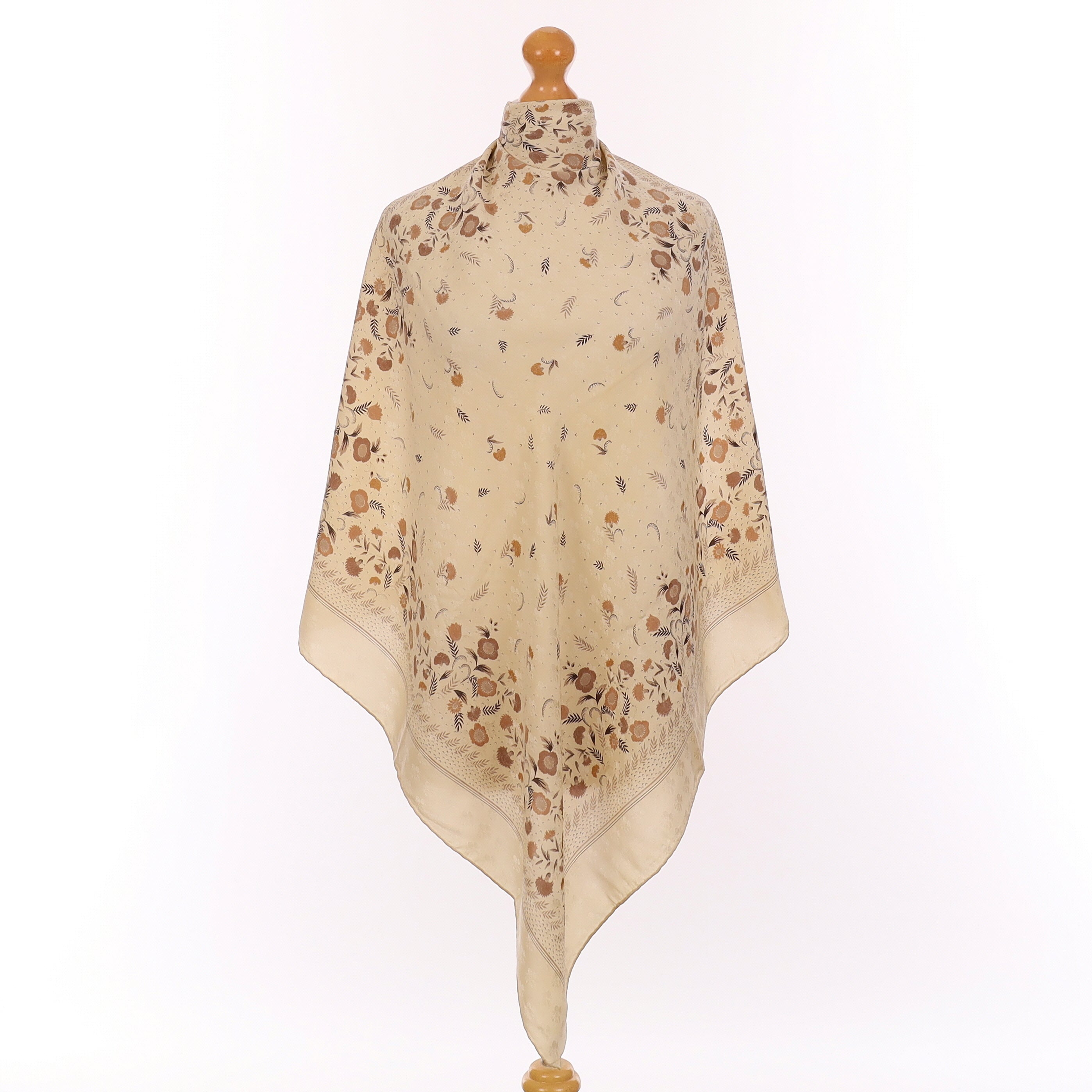 Pristine Beige Floral Vintage Silk Scarf