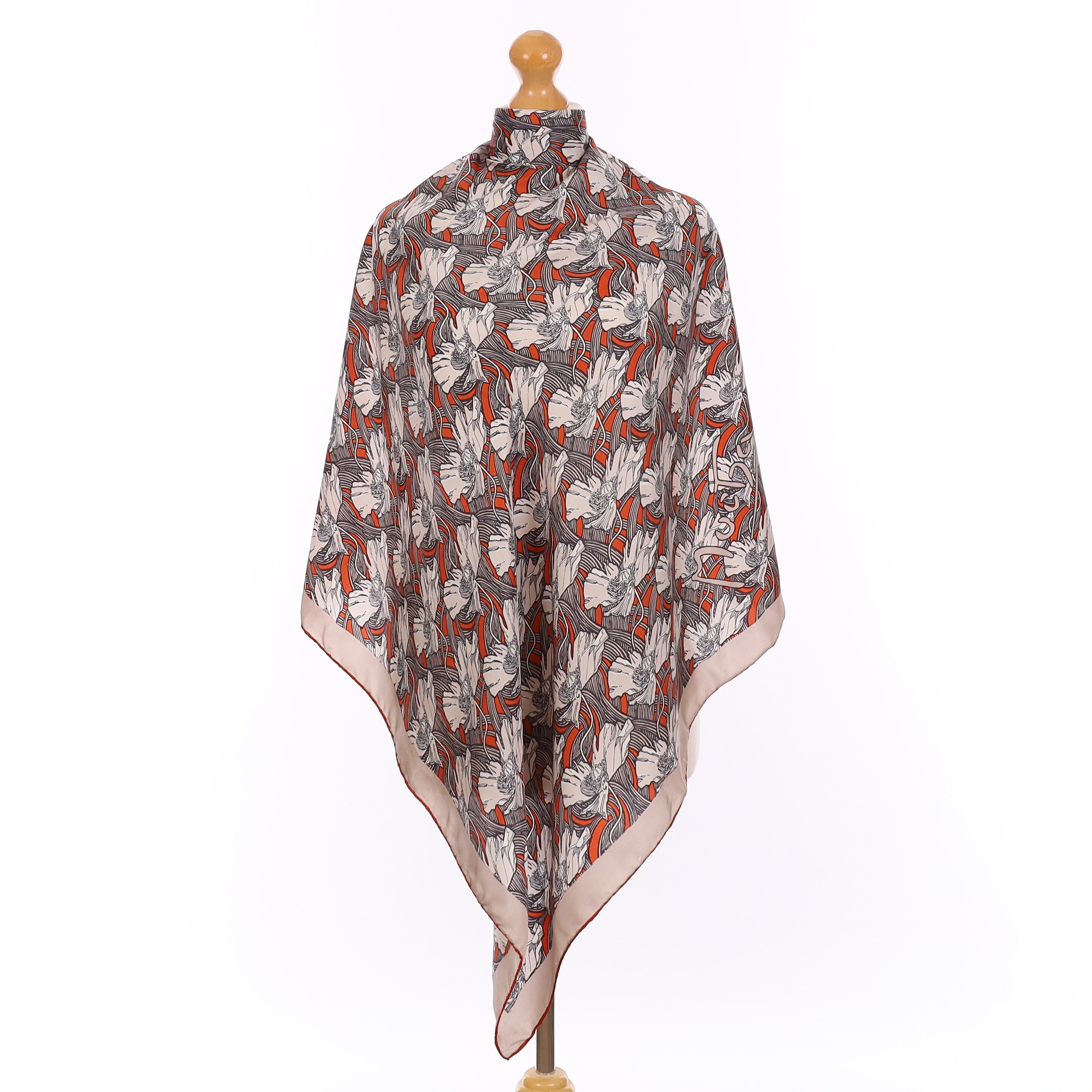 Beckford Silk Grey and Rust Floral Vintage Silk Scarf