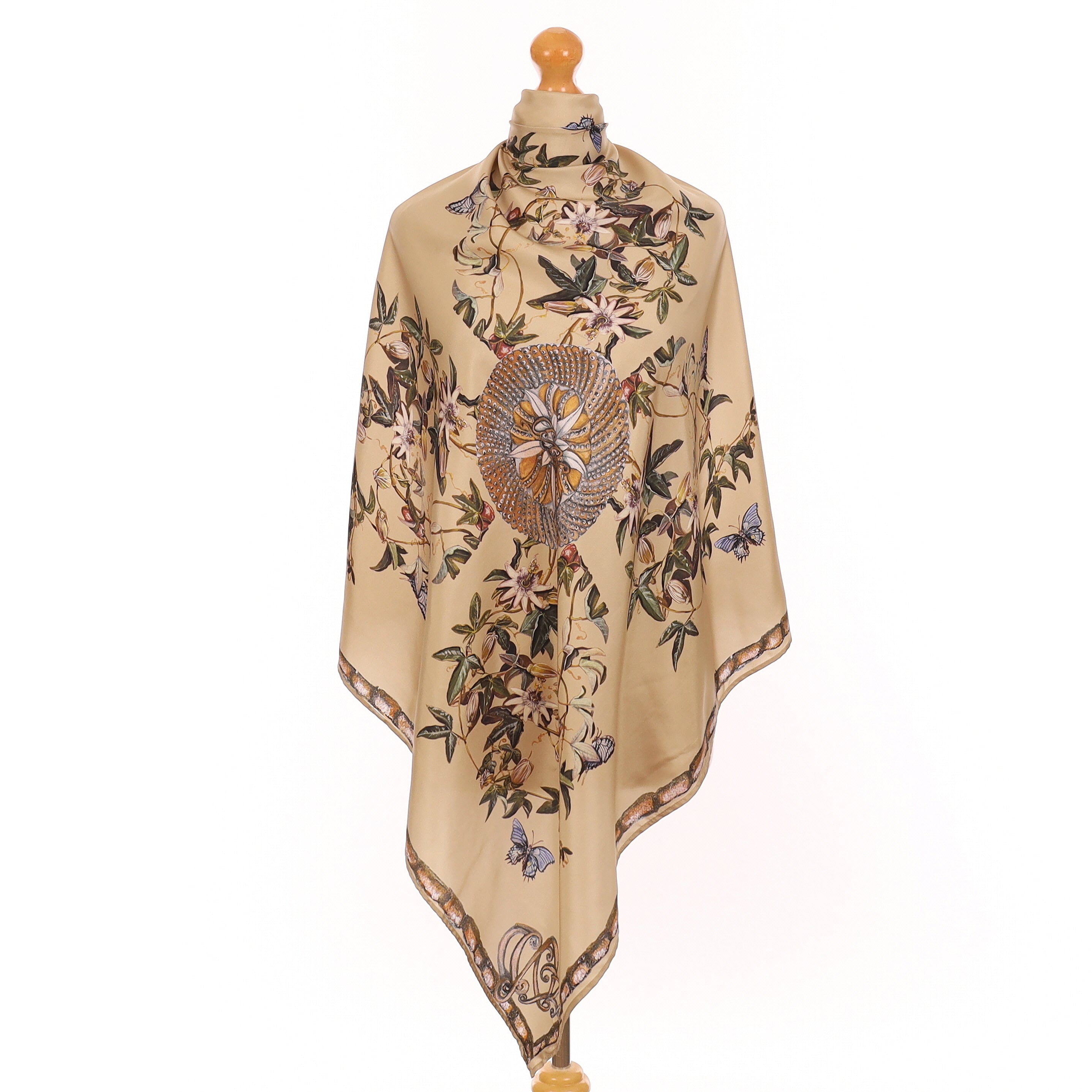 Pristine Floral Butterfly Design Silk Scarf