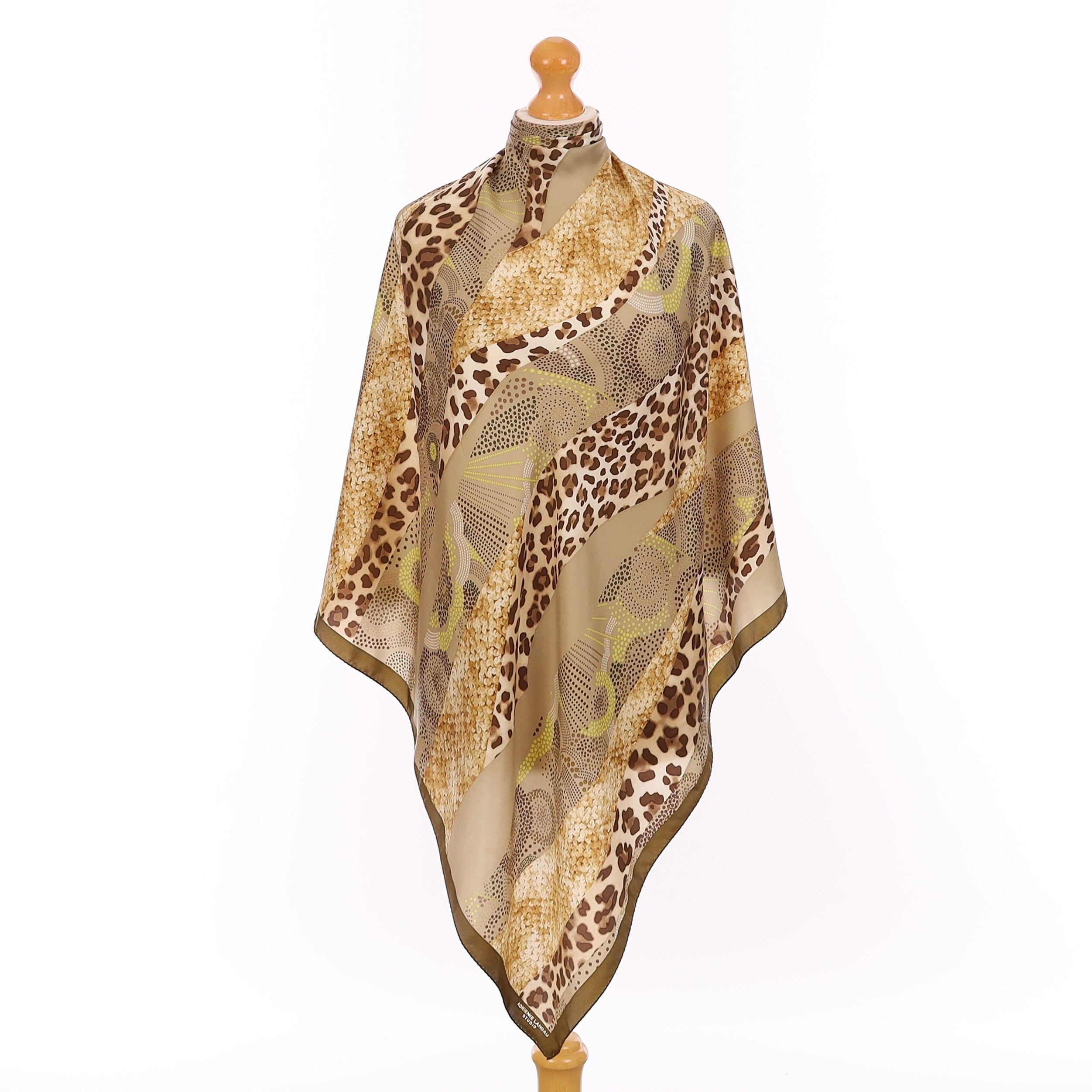 Pristine Khaki and Brown Multi Pattern Silk Scarf