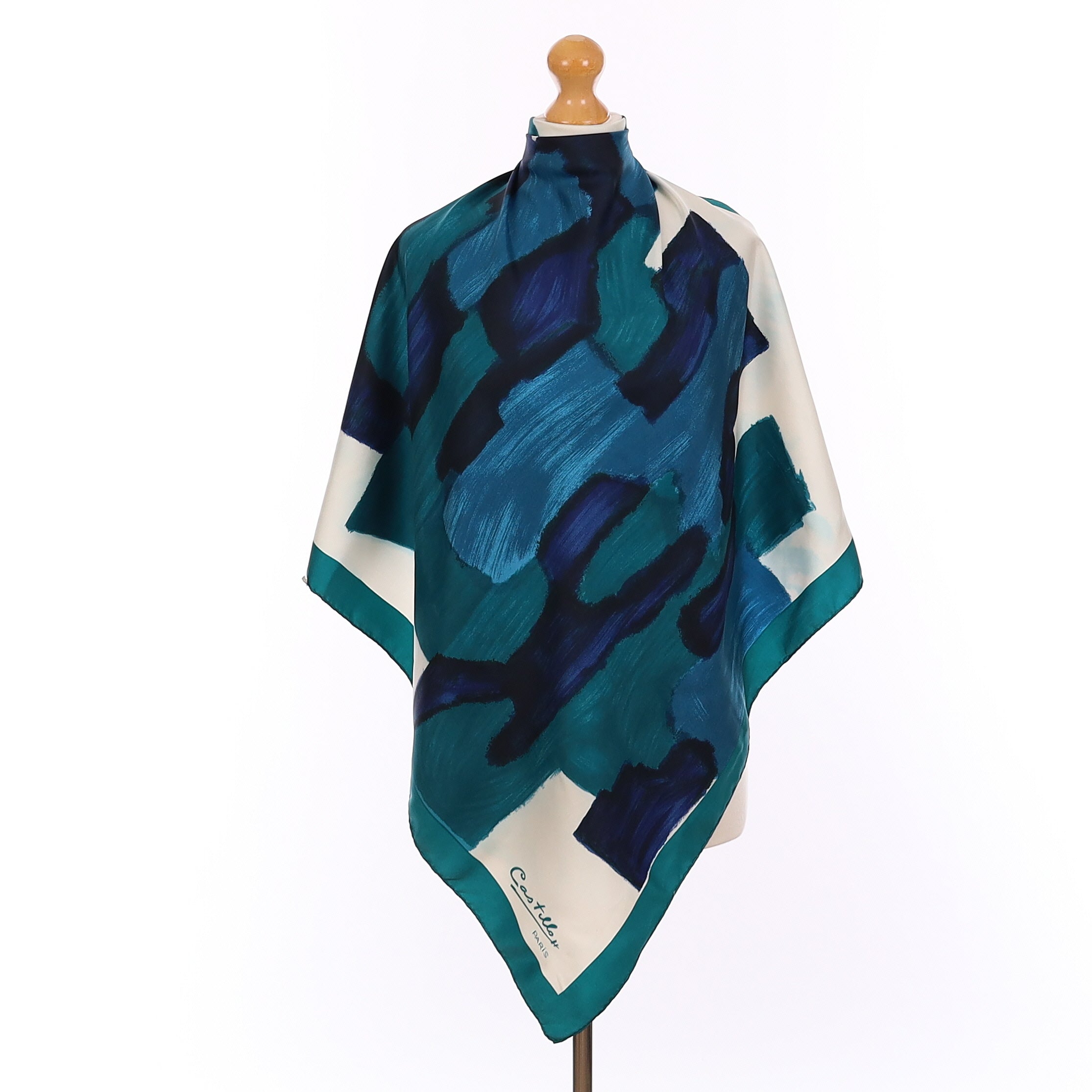 Teal Colour Block Vintage Silk Scarf