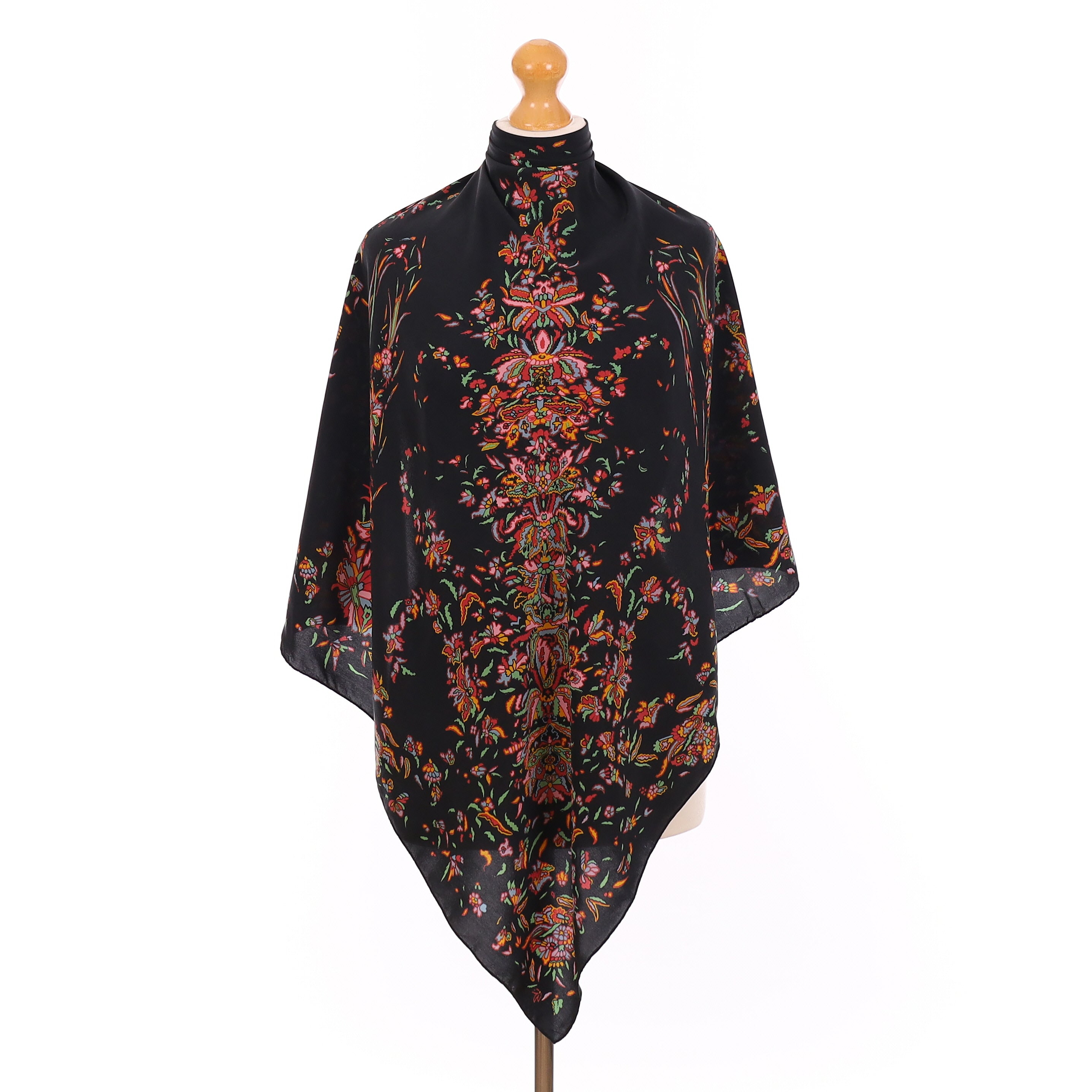 Pristine Black Multicolour Floral Vintage Silk Scarf