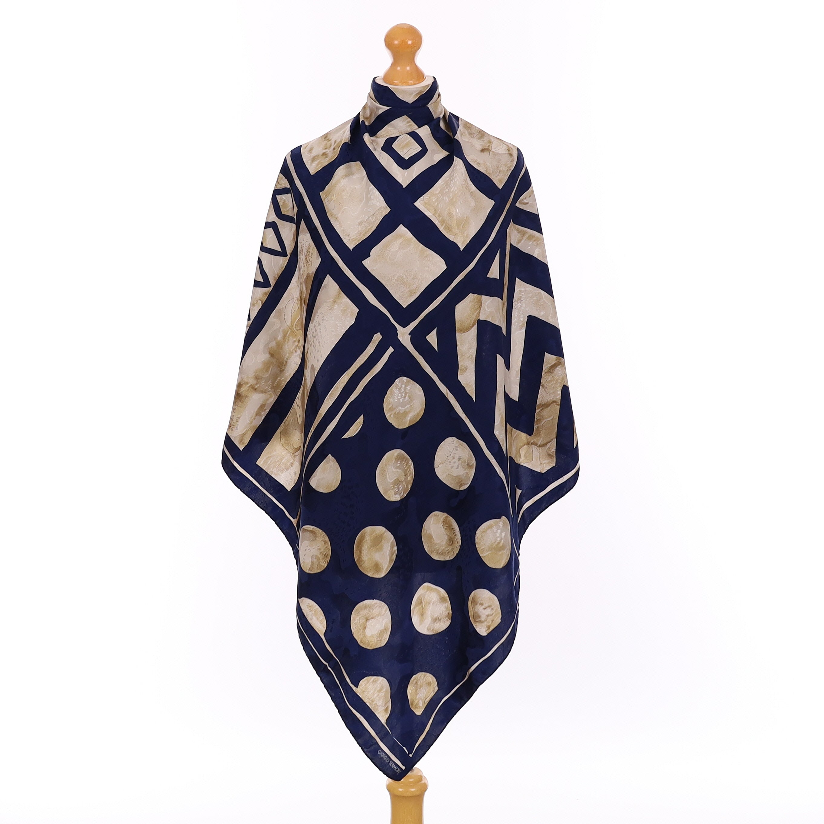 Pristine Navy and Beige Multi Pattern Vintage Silk Scarf