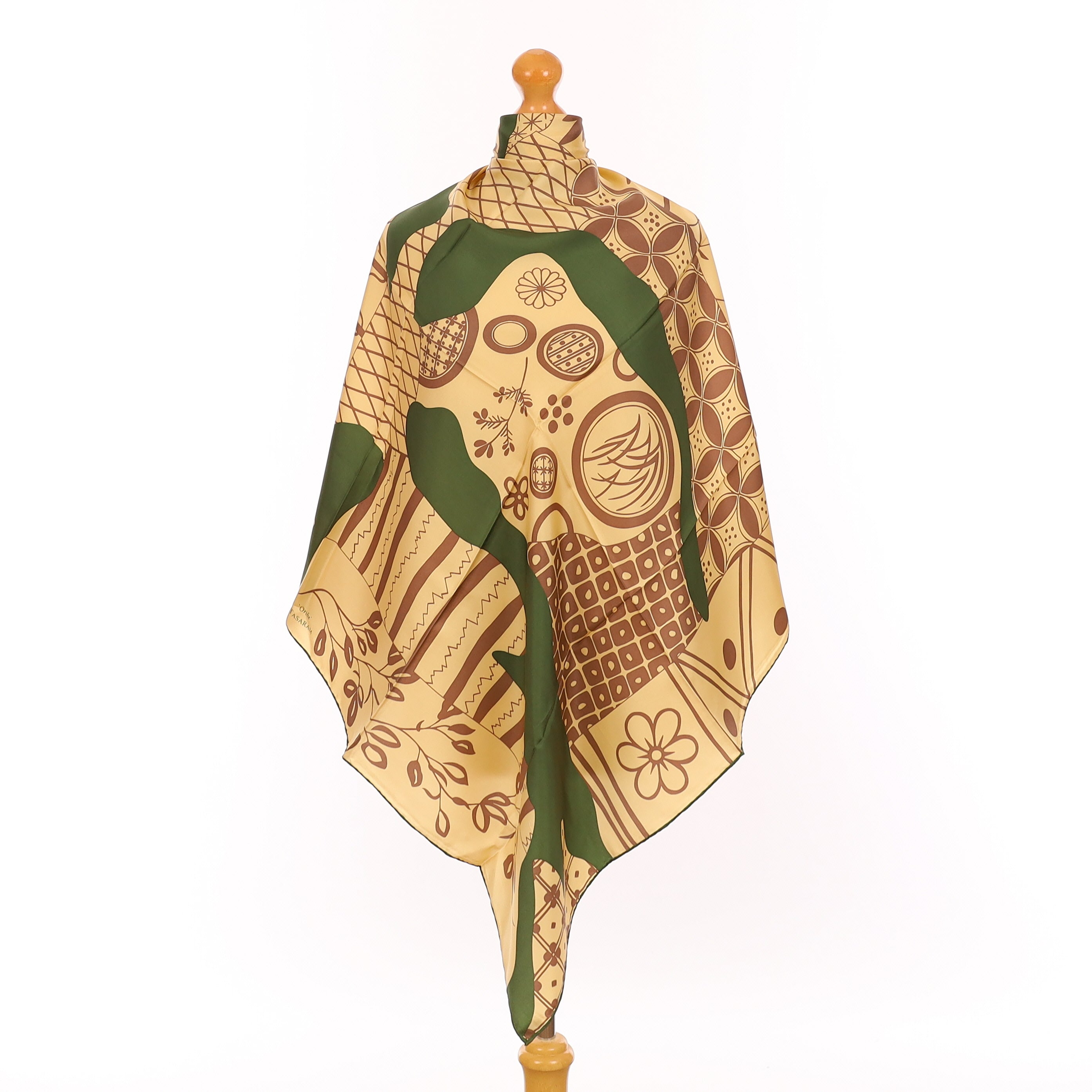 Beige and Green Multi Pattern Silk Scarf