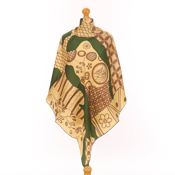 Beige and Green Multi Pattern Silk Scarf