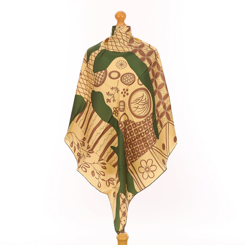 Beige and Green Multi Pattern Silk Scarf
