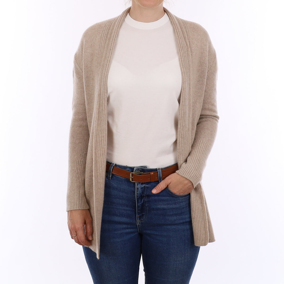 Fawn Heavy Knit Cashmere Edge to Edge Cardigan Small