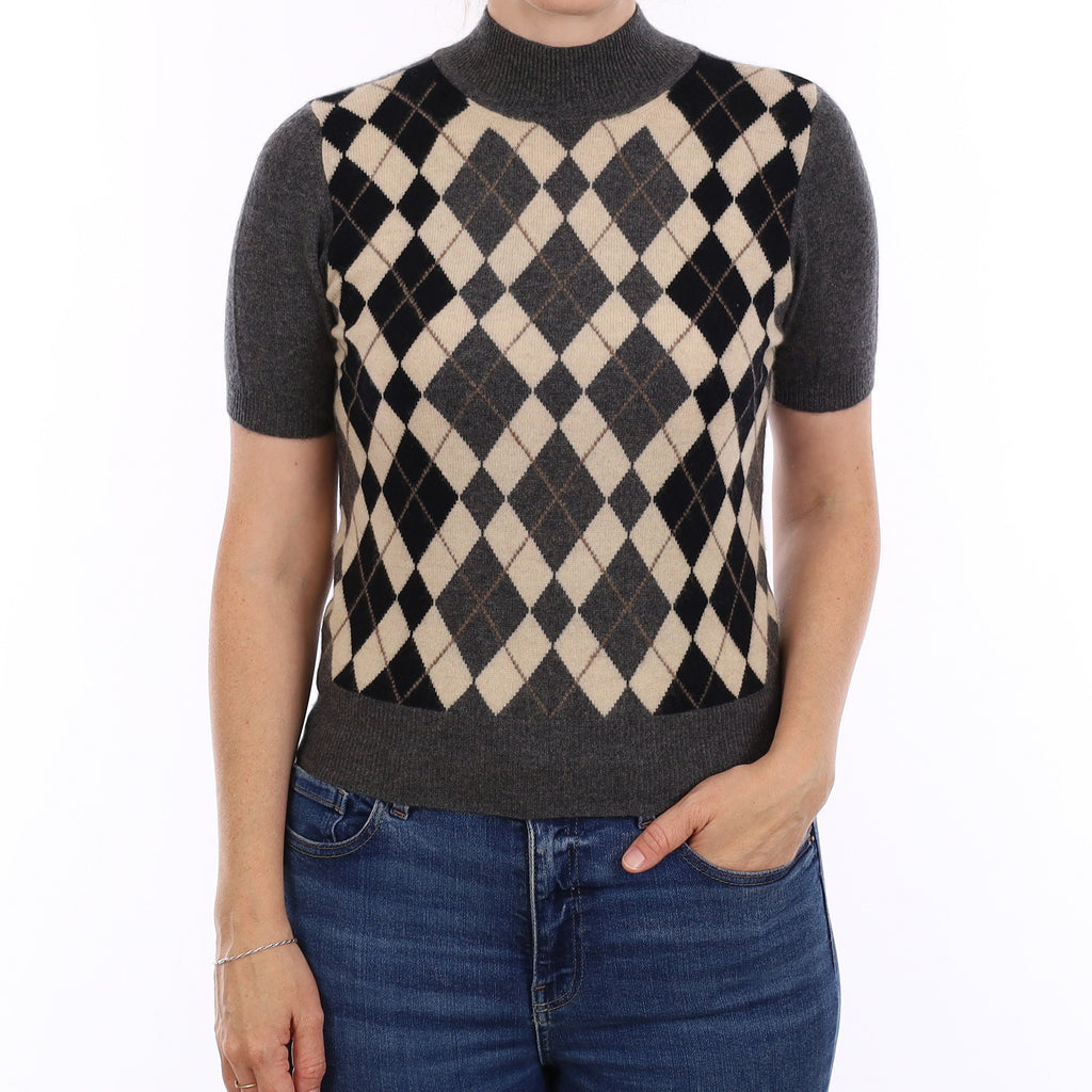 Charcoal Grey Diamond Design Cashmere Short Sleeve Turtleneck Jumper Small