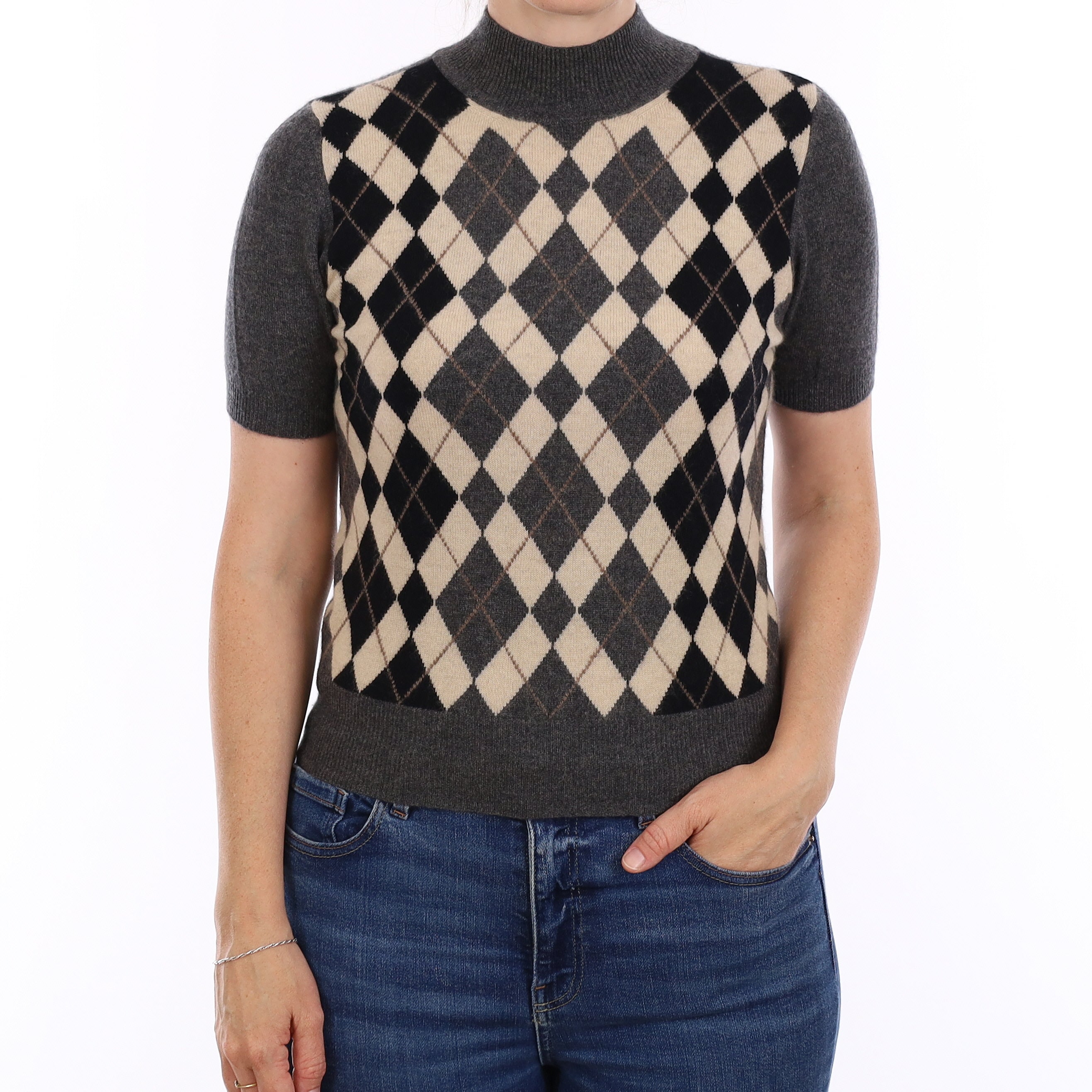 Charcoal Grey Diamond Design Cashmere Short Sleeve Turtleneck Jumper Small