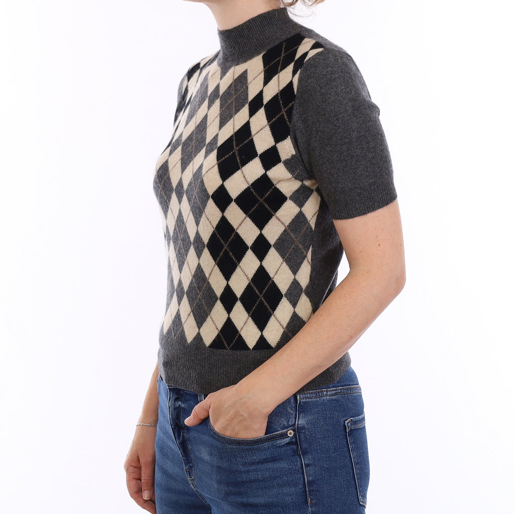 Charcoal Grey Diamond Design Cashmere Short Sleeve Turtleneck Jumper Small