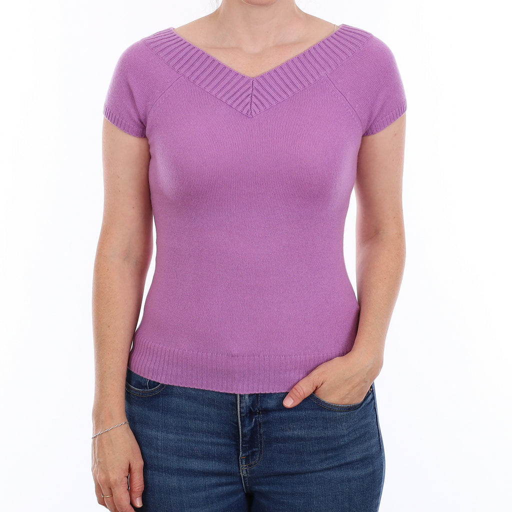 Deep Lavender Cashmere Short Sleeve V Neck Jumper Small