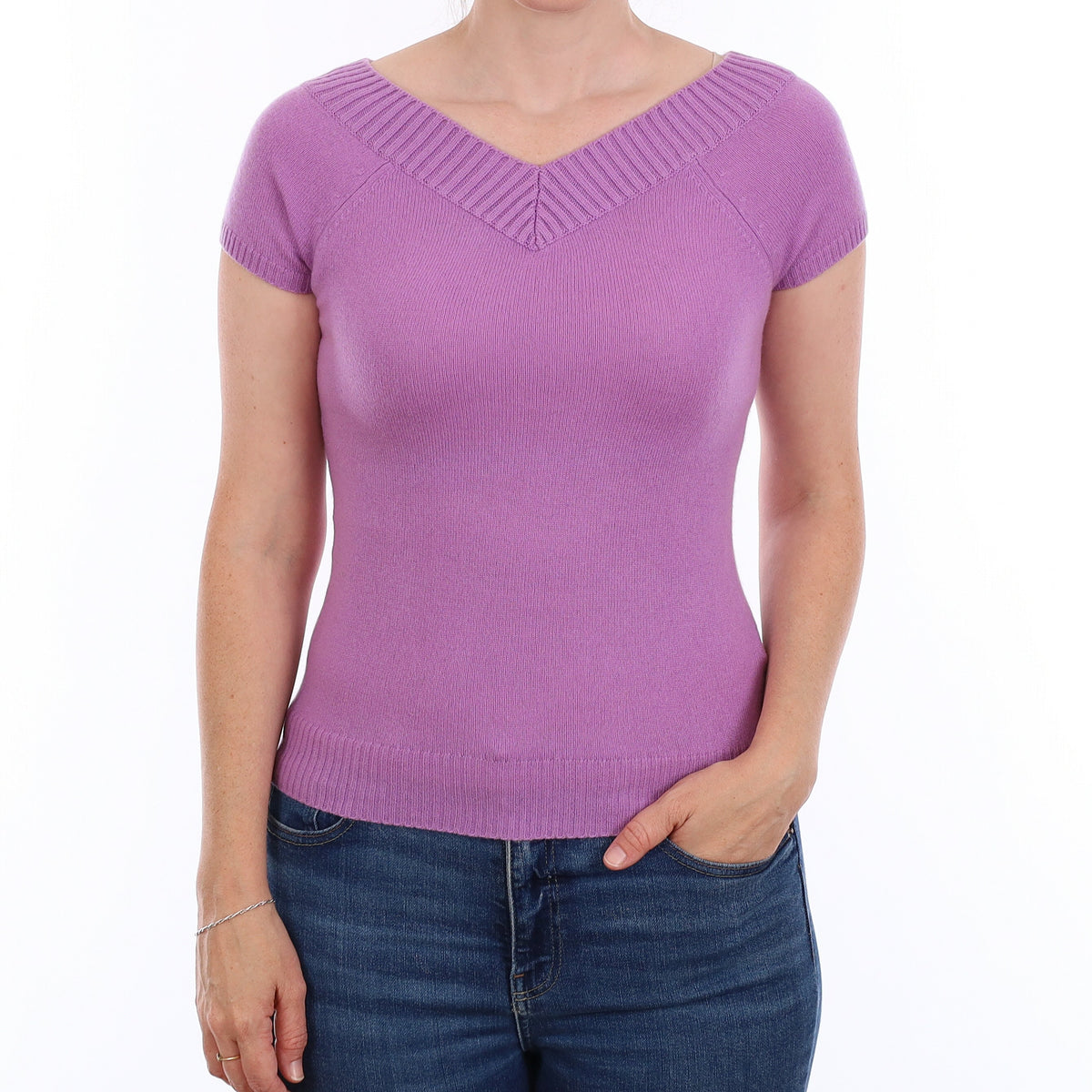 Deep Lavender Cashmere Short Sleeve V Neck Jumper Small
