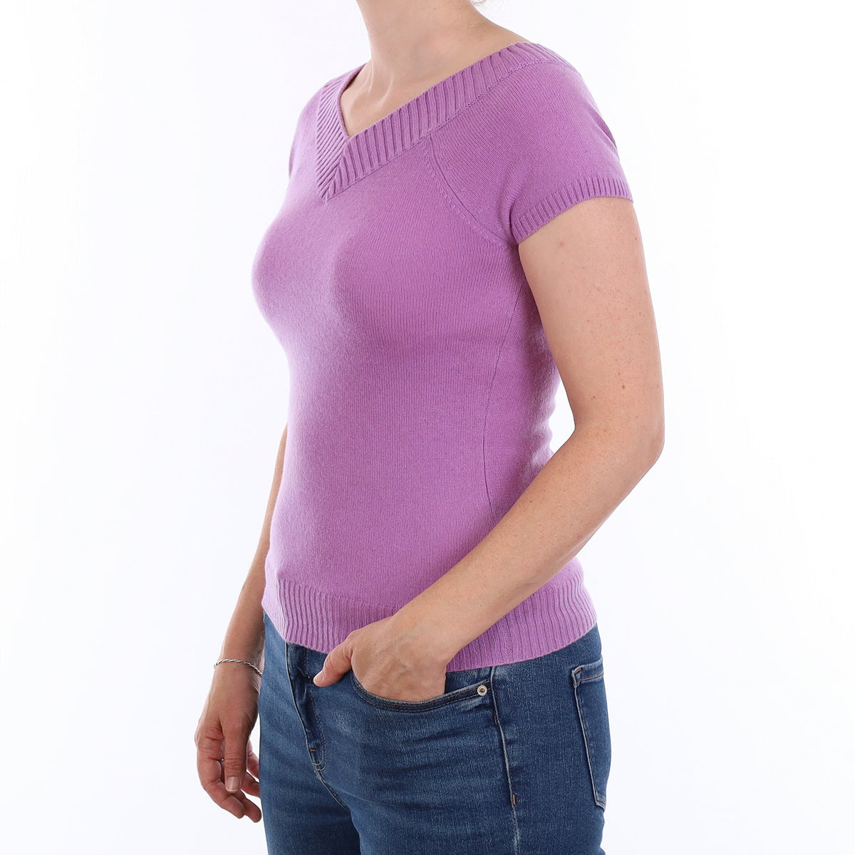 Deep Lavender Cashmere Short Sleeve V Neck Jumper Small