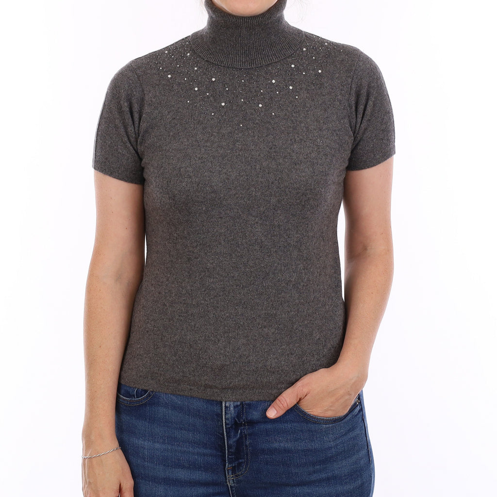 Ash Grey Cashmere Short Sleeve Polo Neck Jumper Small