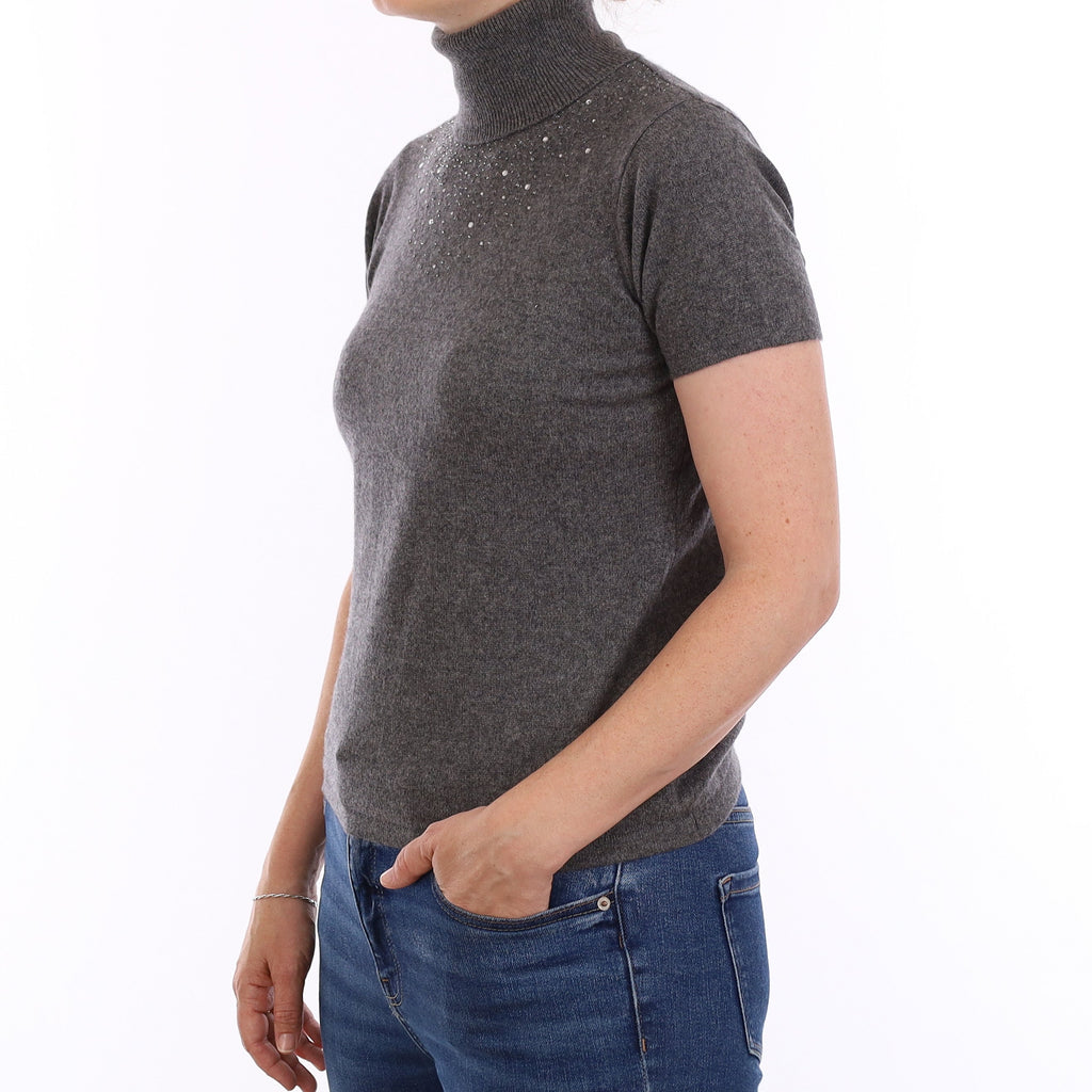 Ash Grey Cashmere Short Sleeve Polo Neck Jumper Small