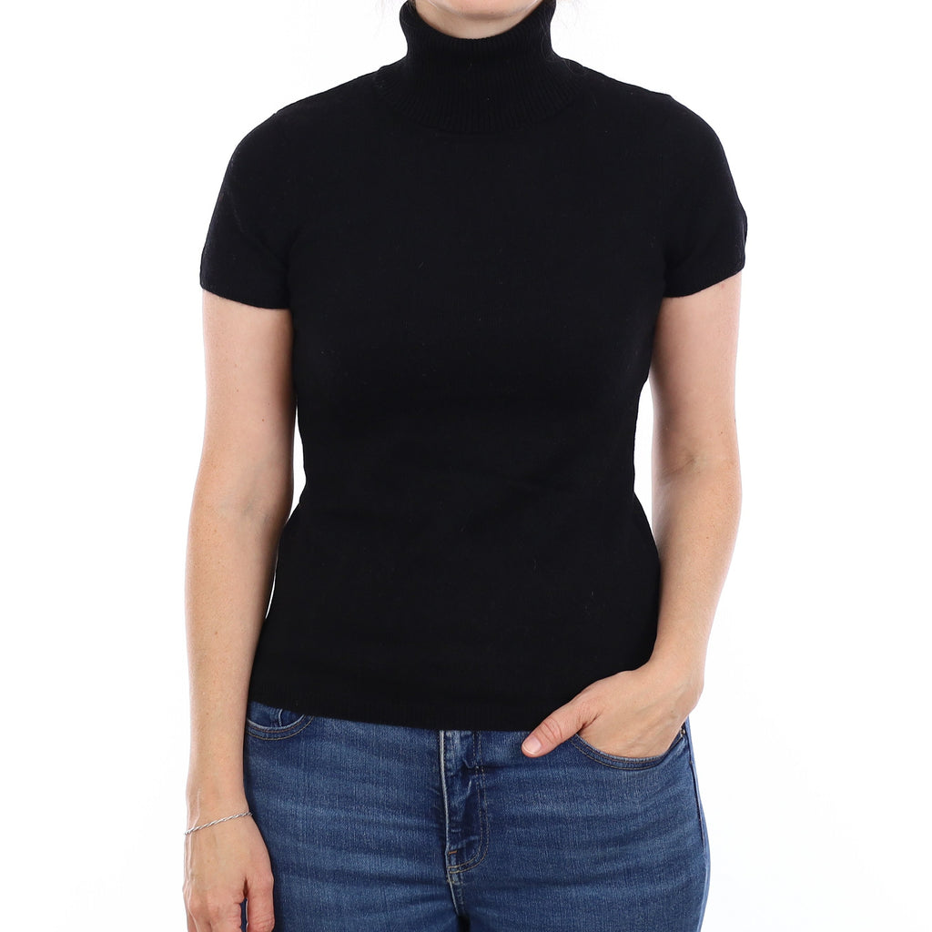 Black Cashmere Short Sleeve Polo Neck Jumper Small