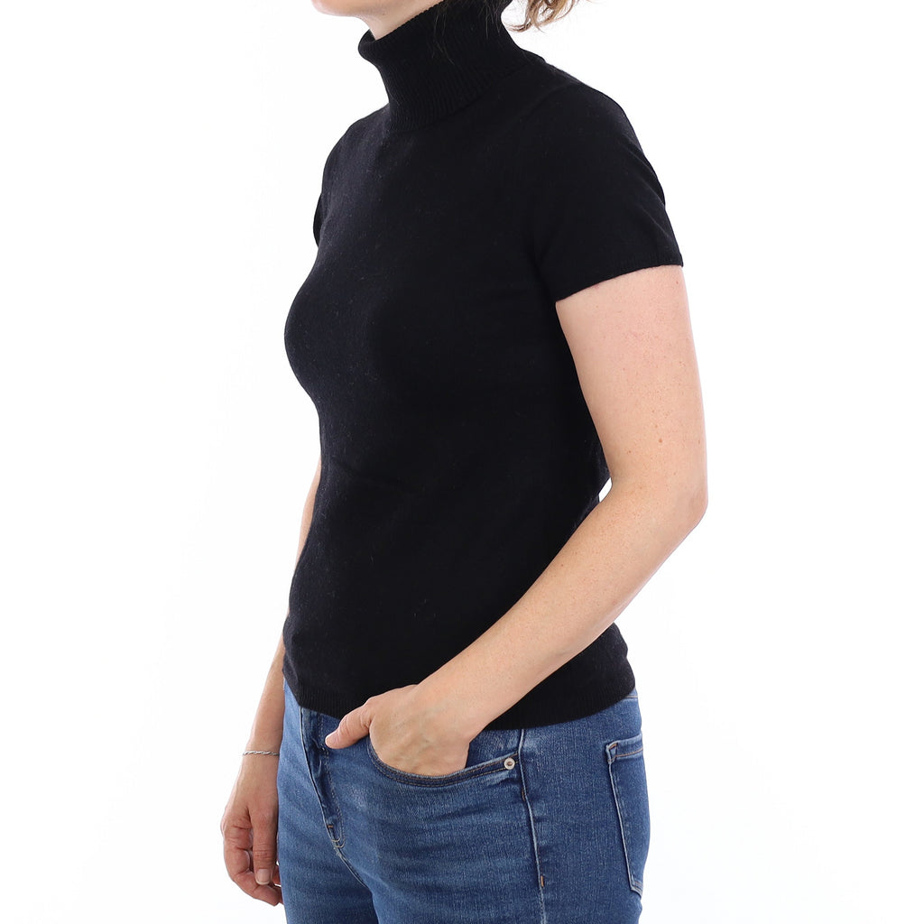 Black Cashmere Short Sleeve Polo Neck Jumper Small