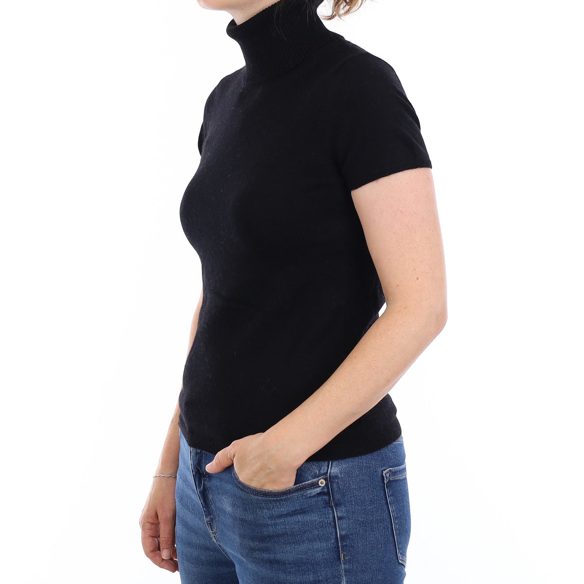 Black Cashmere Short Sleeve Polo Neck Jumper Small
