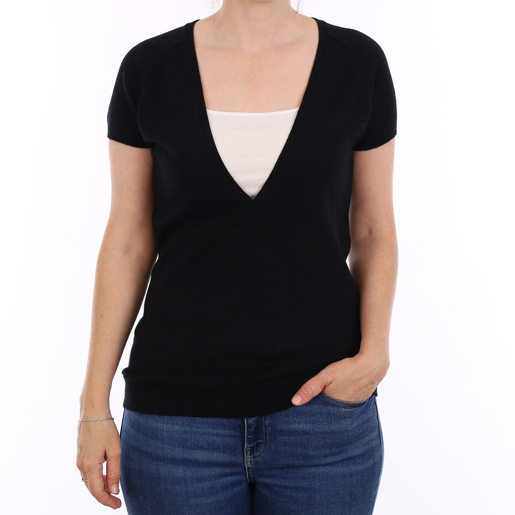 Scottish Black Cashmere Short Sleeve Deep V Neck Jumper Small