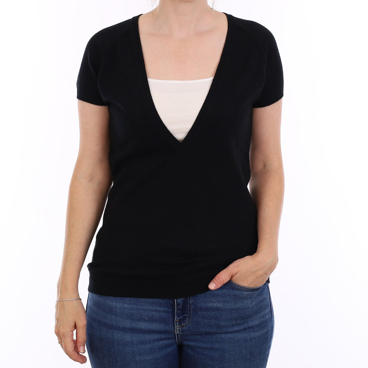 Scottish Black Cashmere Short Sleeve Deep V Neck Jumper Small