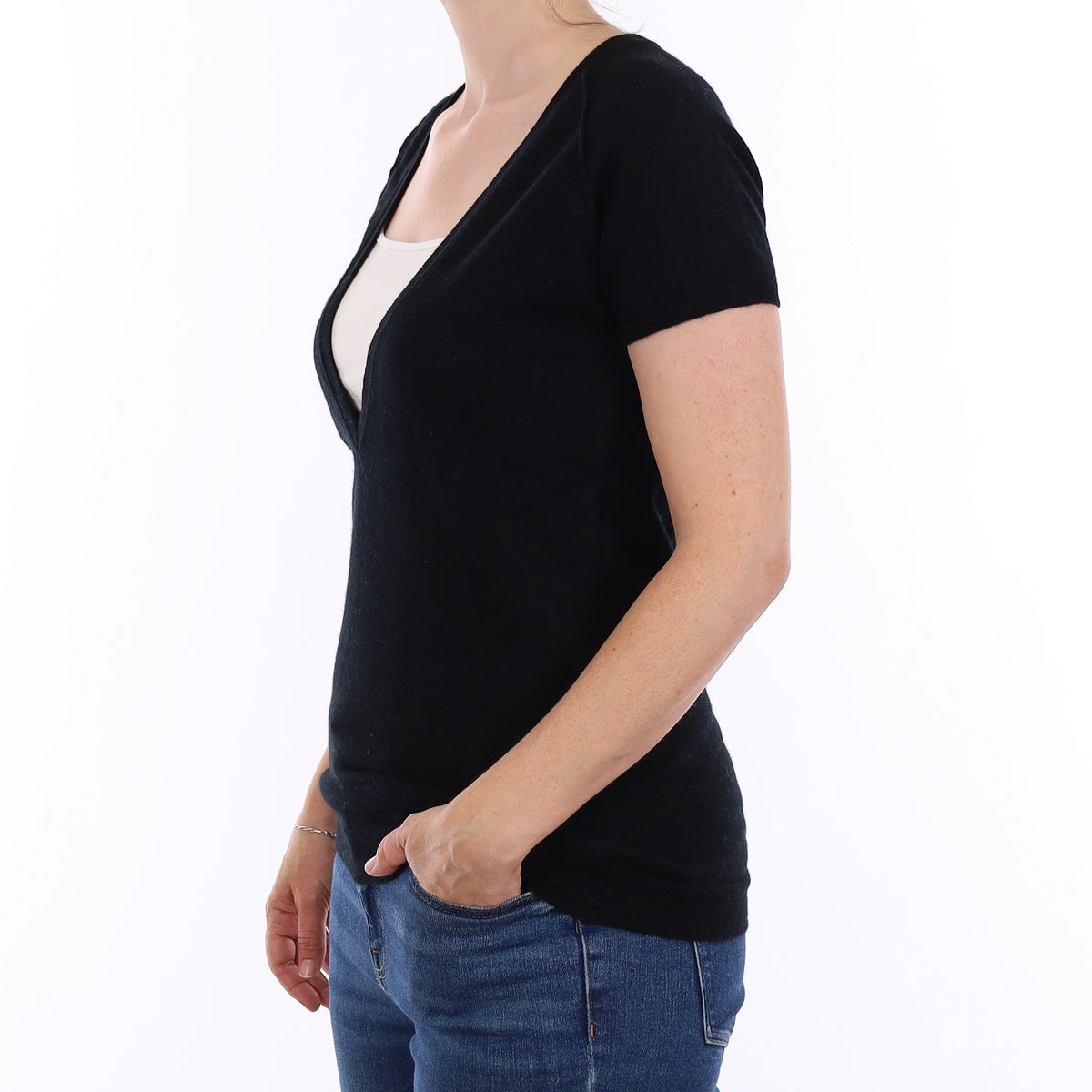 Scottish Black Cashmere Short Sleeve Deep V Neck Jumper Small