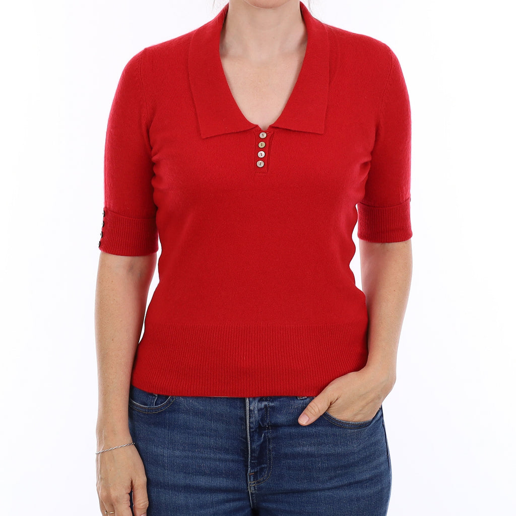 Scarlett Red Cashmere Short Sleeve Collared V Neck Jumper Small