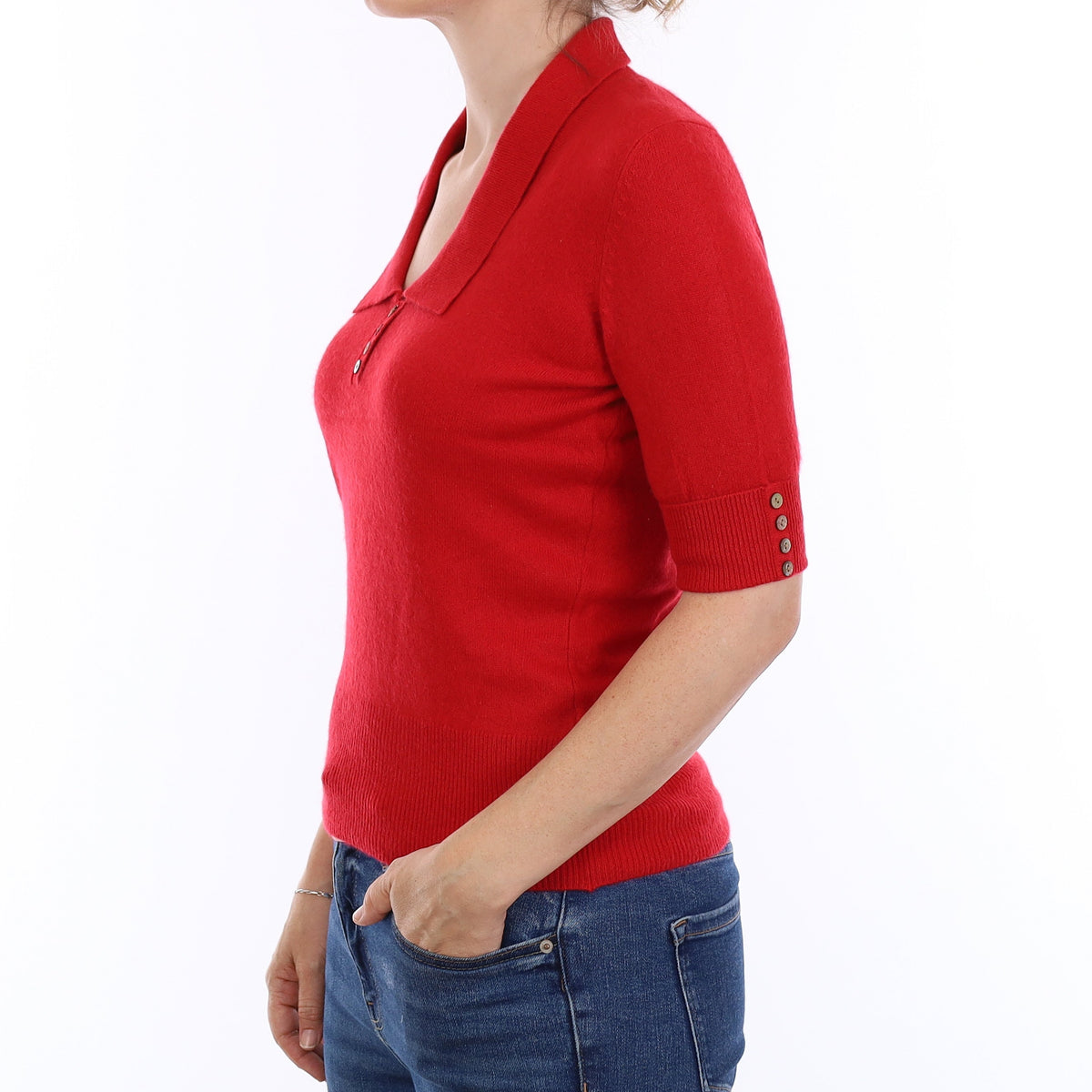 Scarlett Red Cashmere Short Sleeve Collared V Neck Jumper Small