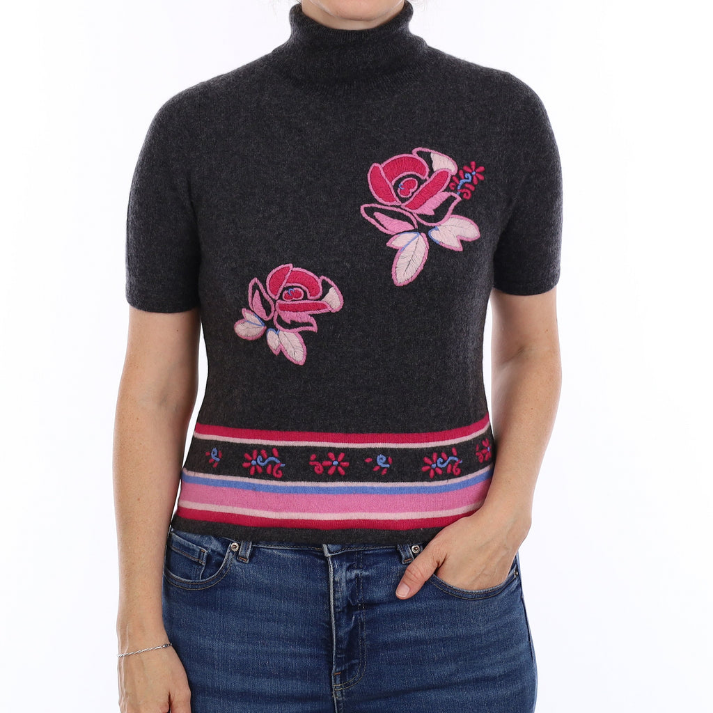 Charcoal Grey & Pink Floral Cashmere Short Sleeve Turtleneck Jumper Small