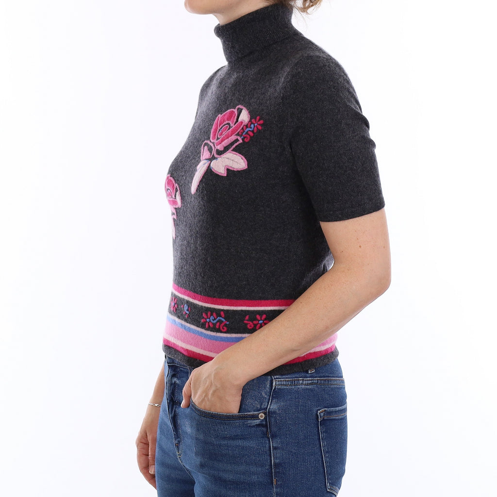 Charcoal Grey & Pink Floral Cashmere Short Sleeve Turtleneck Jumper Small