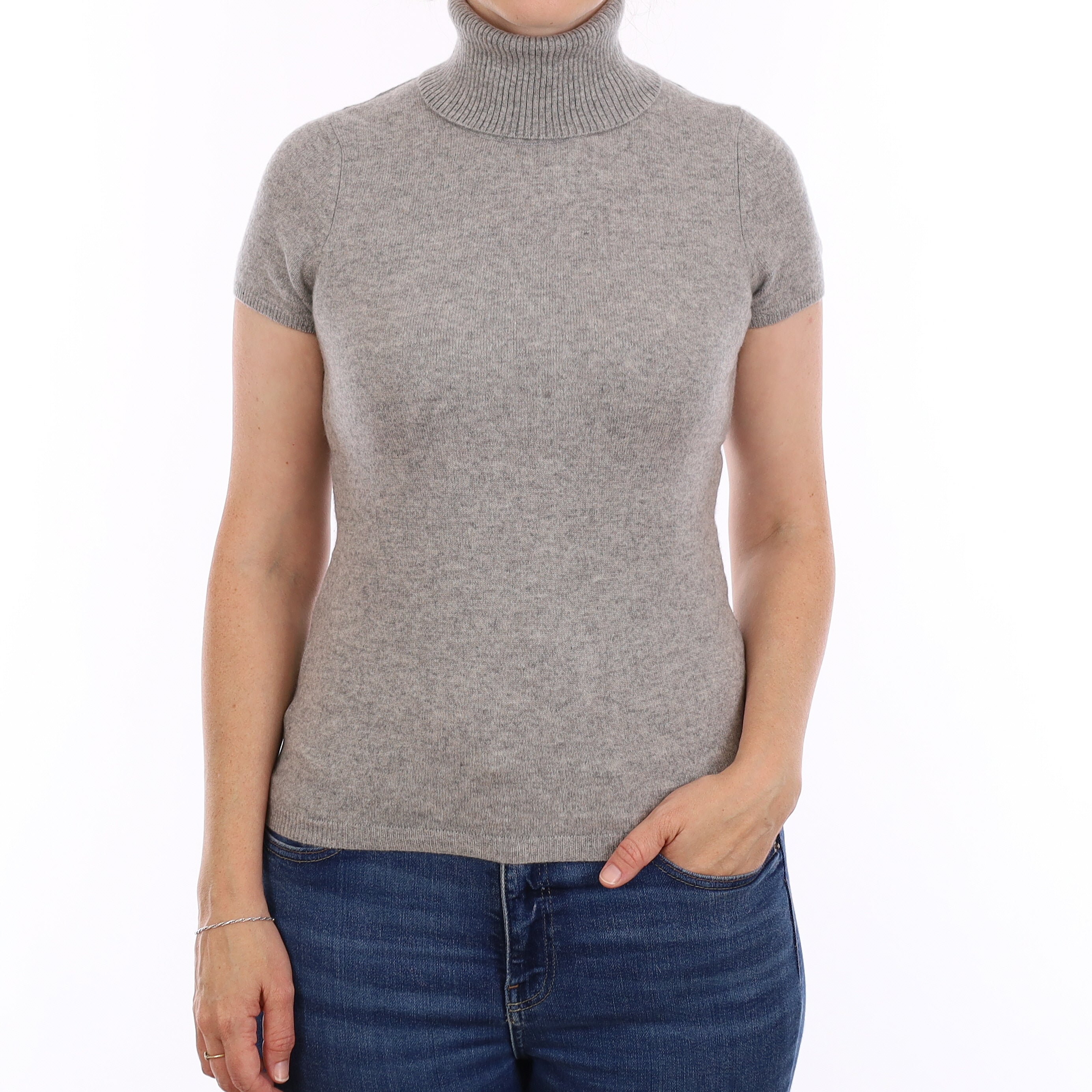 Smoke Grey Cashmere Short Sleeved Polo Neck Jumper Small