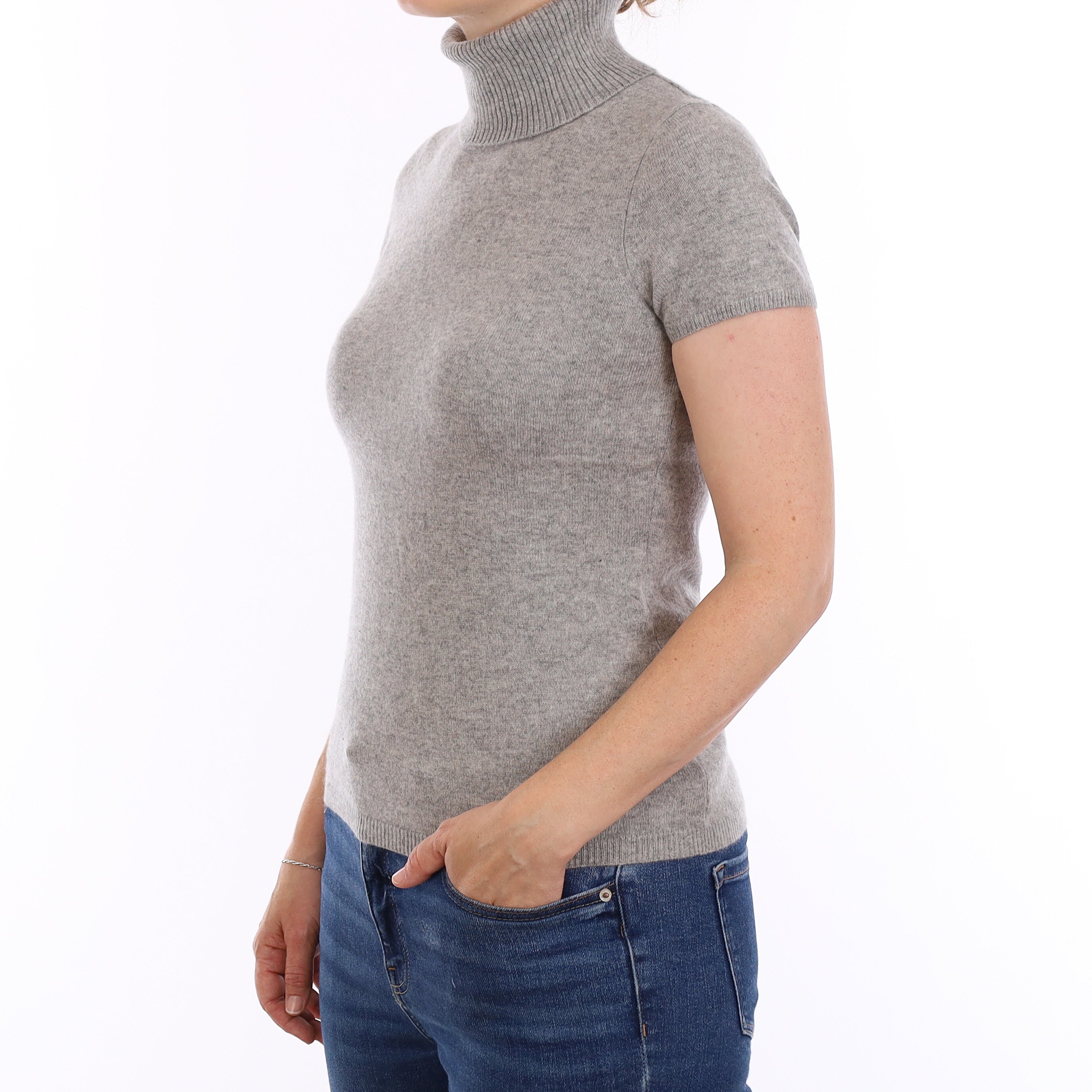 Smoke Grey Cashmere Short Sleeved Polo Neck Jumper Small