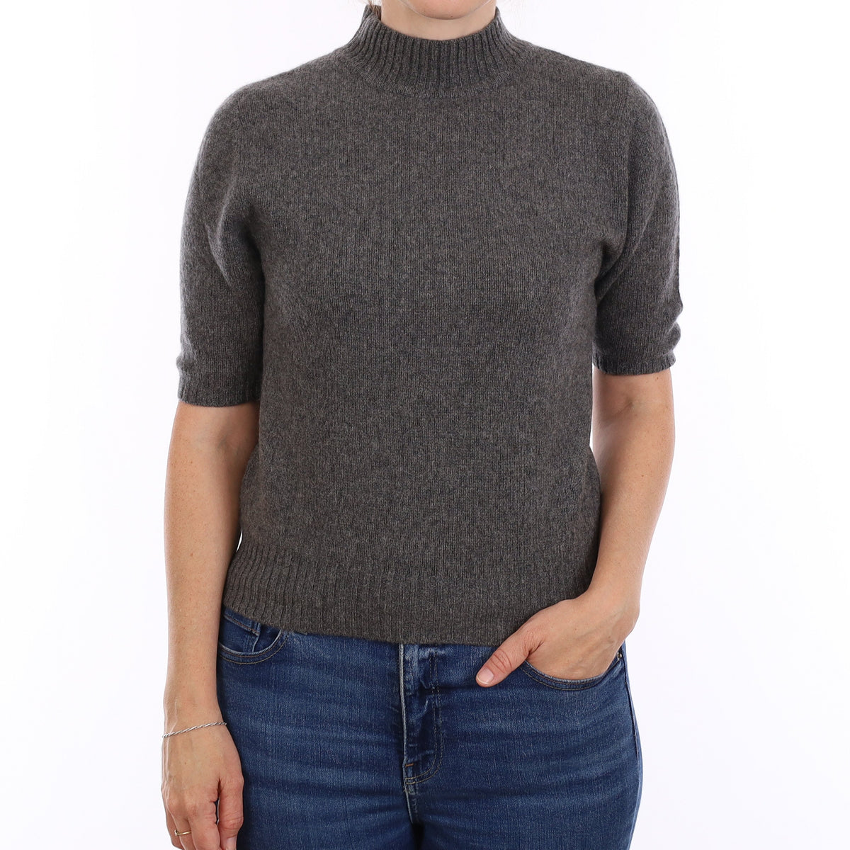 Slate Grey Heavy Knit Cashmere Short Sleeve Turtleneck Jumper Small
