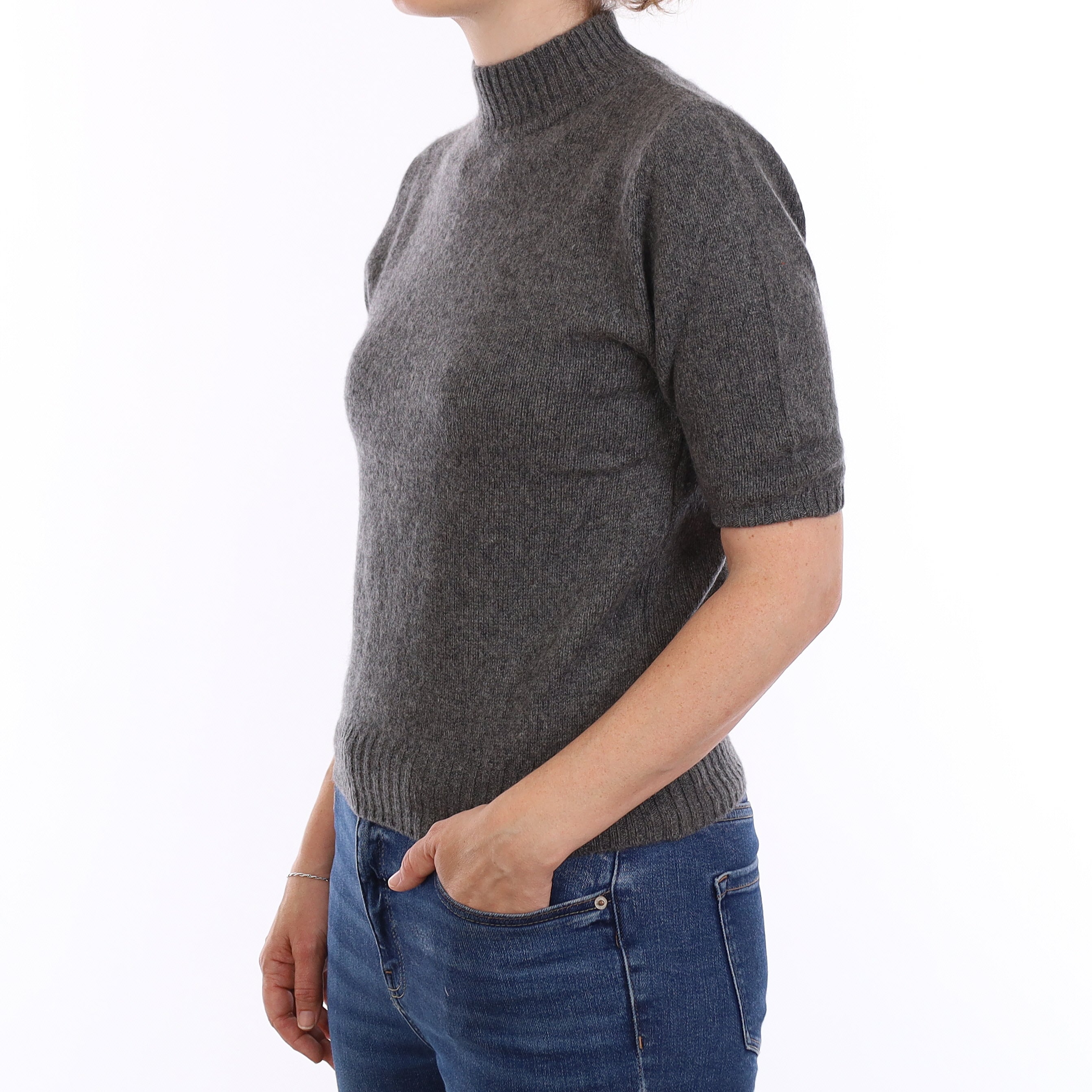 Slate Grey Heavy Knit Cashmere Short Sleeve Turtleneck Jumper Small