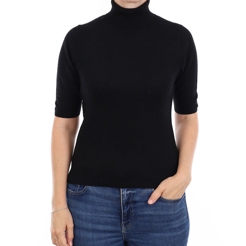 Black Cashmere Short Sleeve Polo Neck Jumper Small