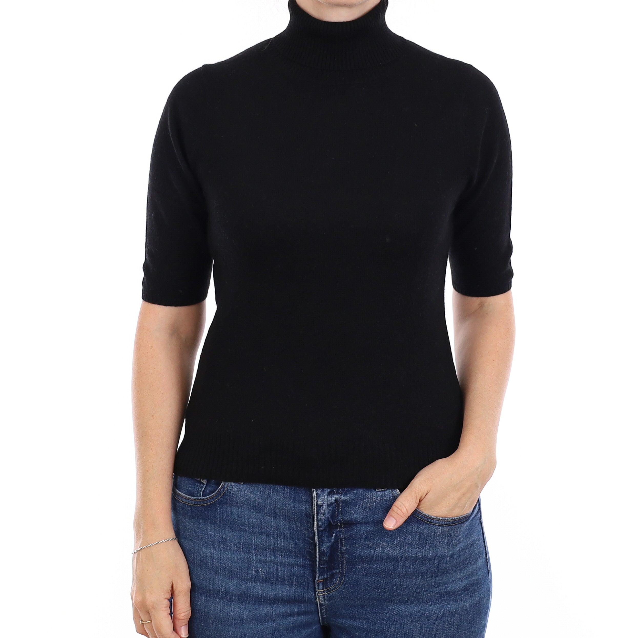 Black Cashmere Short Sleeve Polo Neck Jumper Small