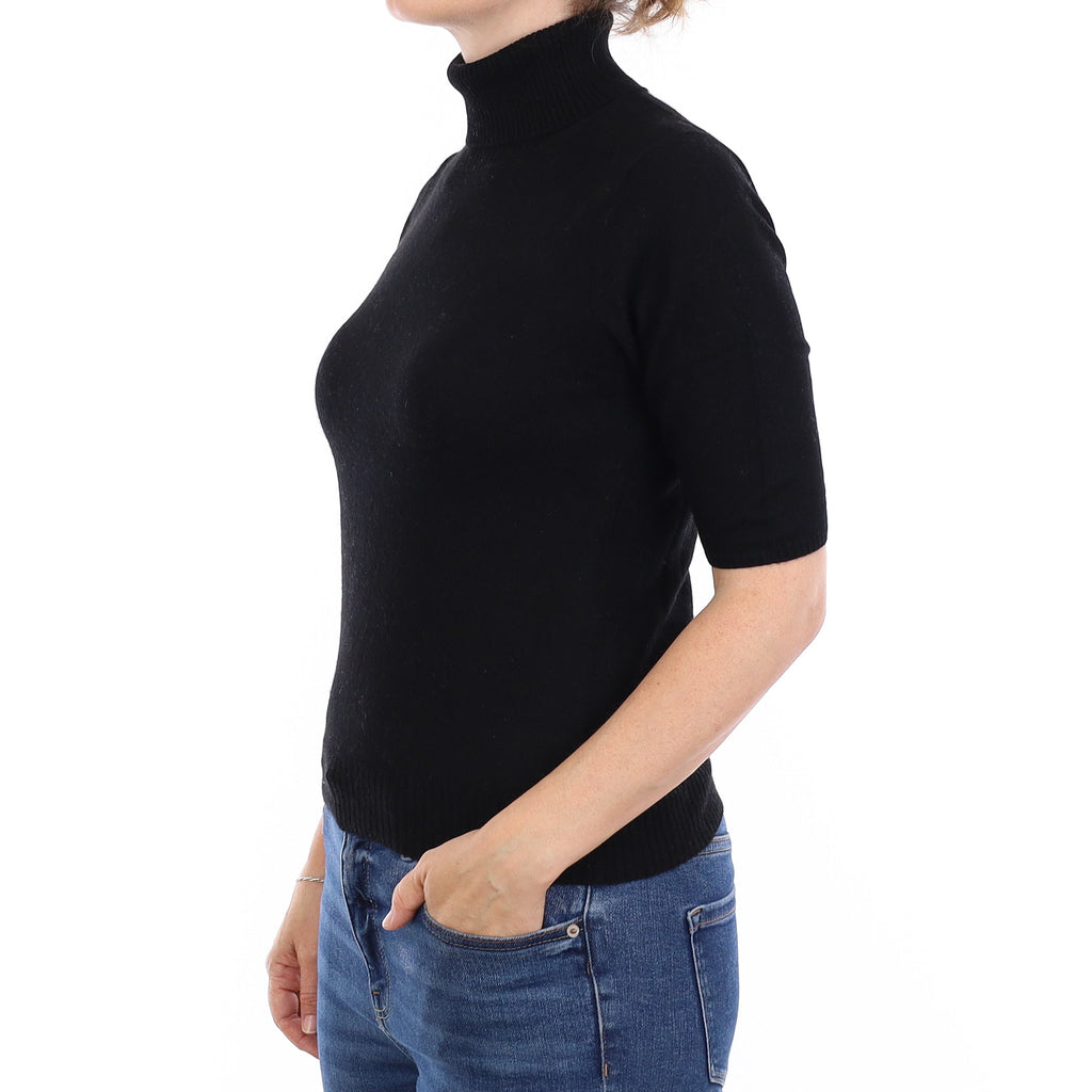 Black Cashmere Short Sleeve Polo Neck Jumper Small