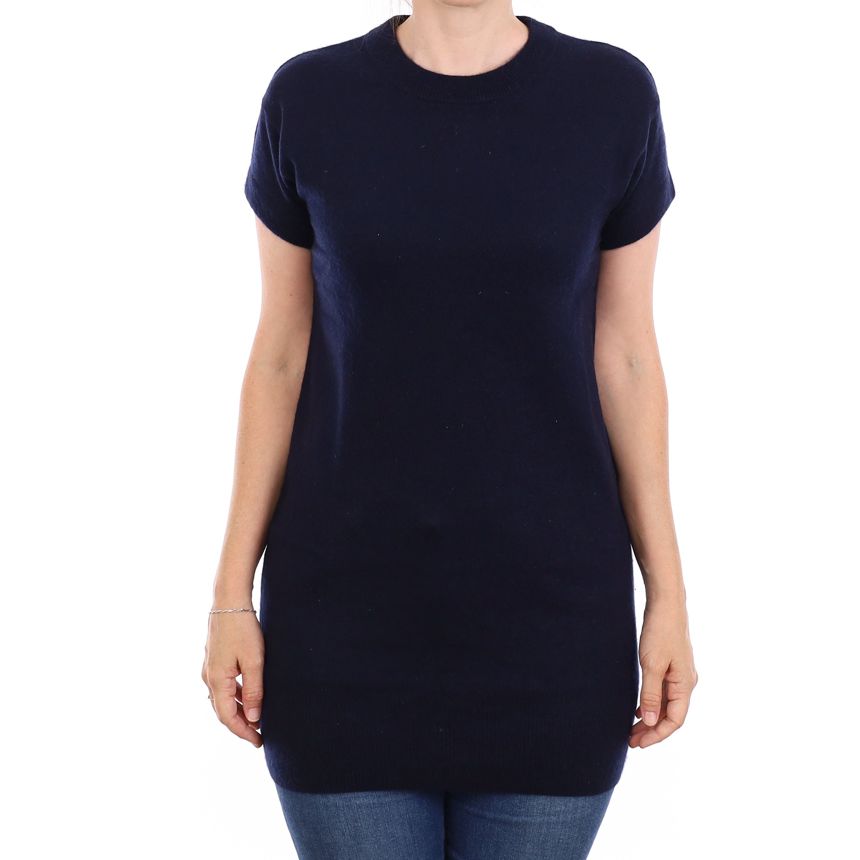 Navy Blue Cashmere Short Sleeve Longline Crew Neck Jumper Small