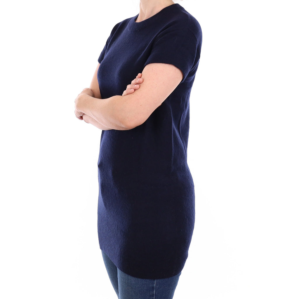 Navy Blue Cashmere Short Sleeve Longline Crew Neck Jumper Small
