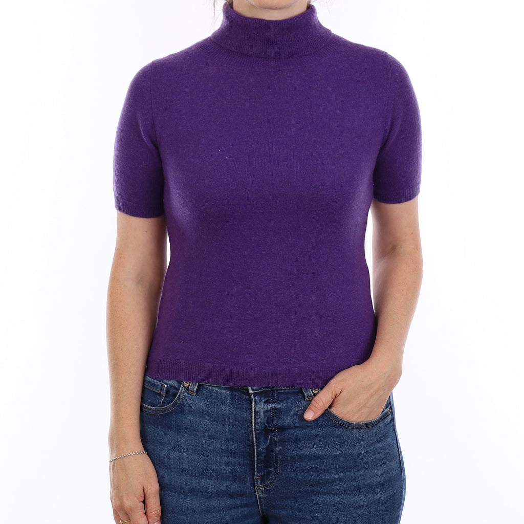 Iris Purple Cashmere Short Sleeve Polo Neck Jumper Small
