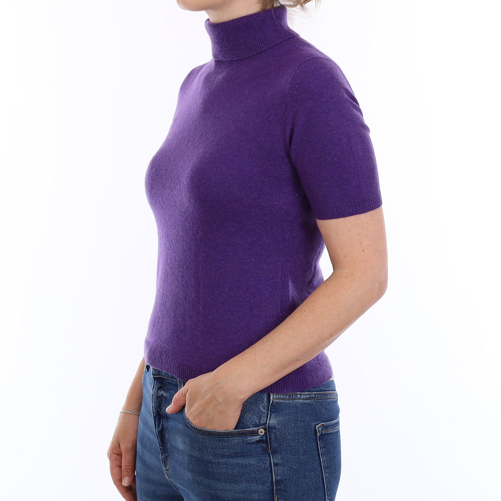 Iris Purple Cashmere Short Sleeve Polo Neck Jumper Small