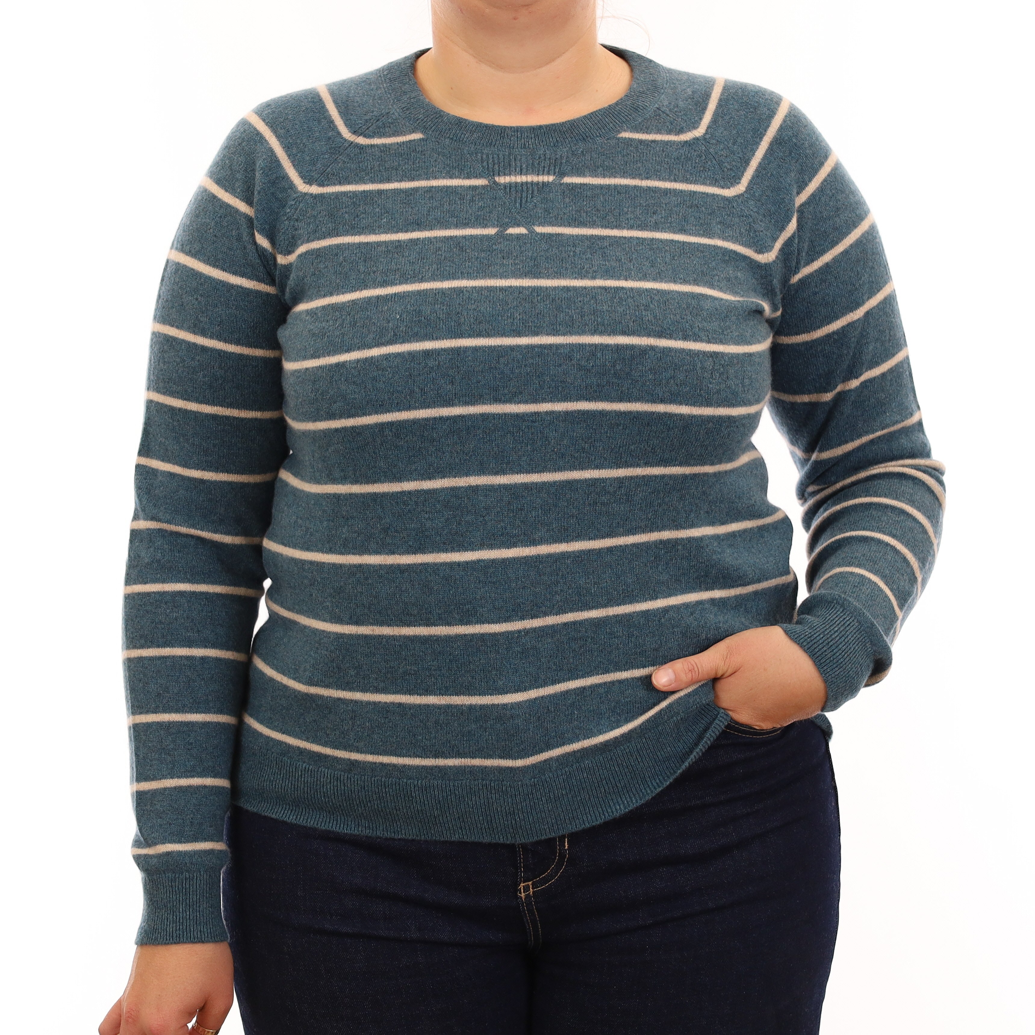 Teal & Fawn Stripe Cashmere Crew Neck Jumper Large
