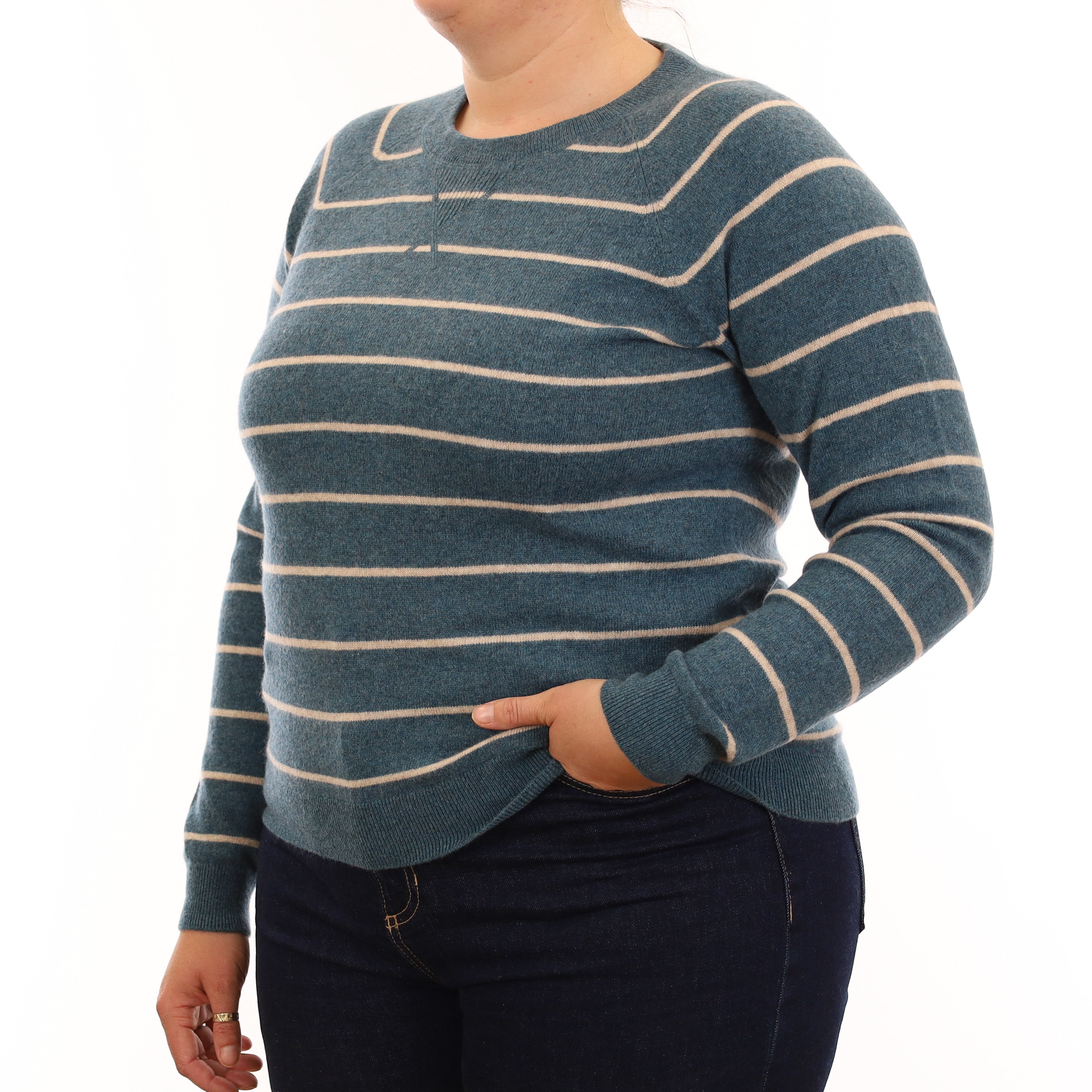 Teal & Fawn Stripe Cashmere Crew Neck Jumper Large