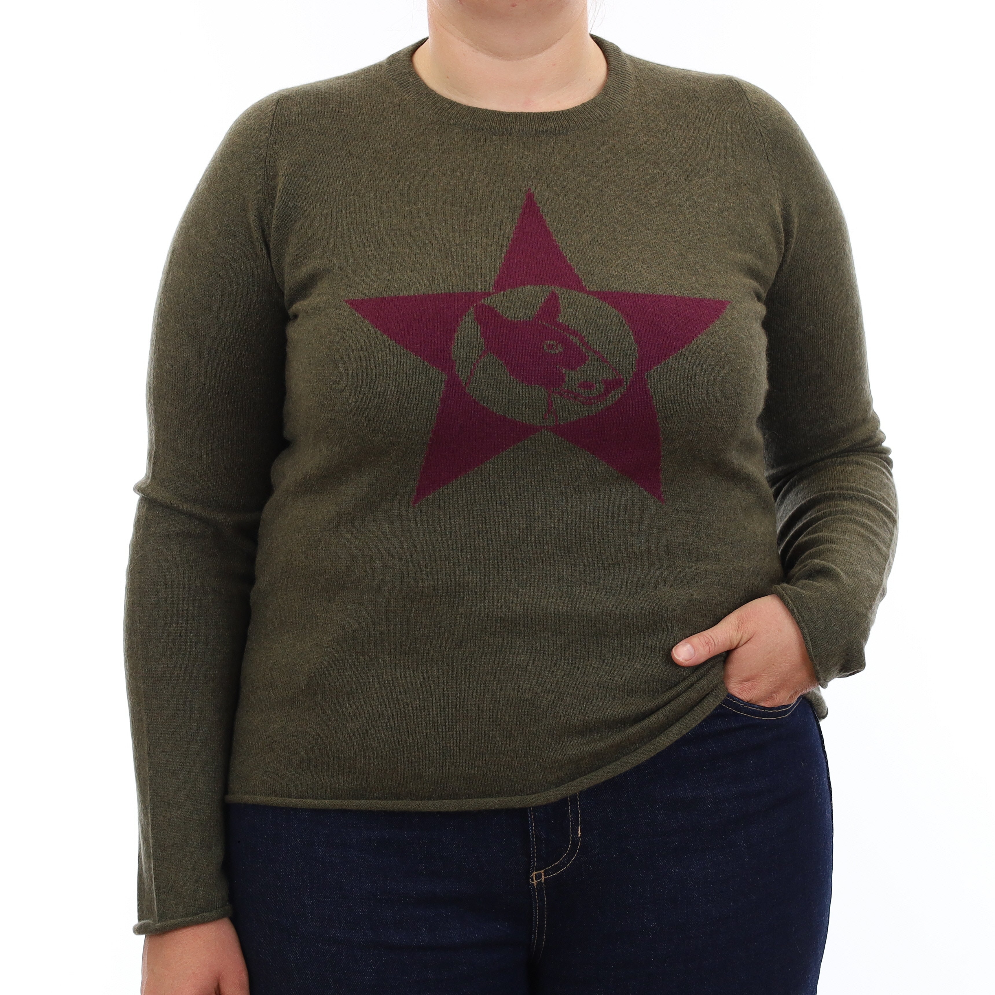 Khaki Green Dog Motif Cashmere Crew Neck Jumper Large