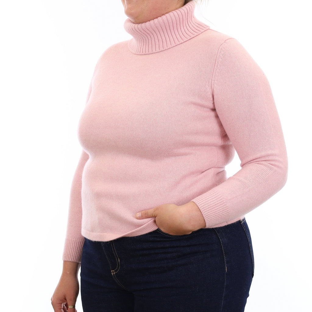Carnation Pink Heavy Knit Cashmere Polo Neck Jumper Large