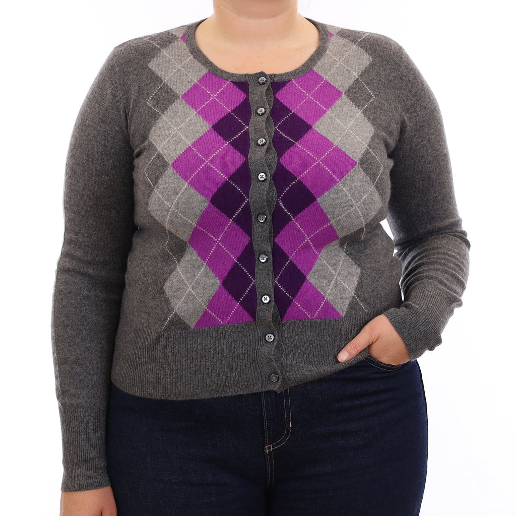 Grey & Purple Argyle Cashmere Crew Neck Cardigan Large
